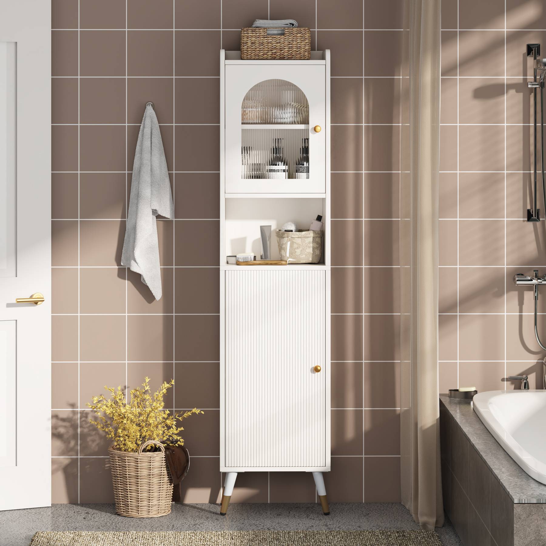 Narrow Storage Cabinet, 170 cm Bathroom Cabinet with 2 Doors and 6 Shelves