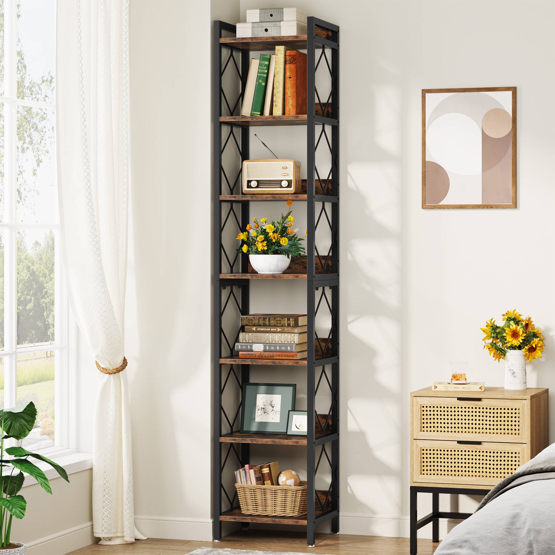 7-Tier Corner Shelf, 200 cm Narrow Bookshelf Corner Bookcase