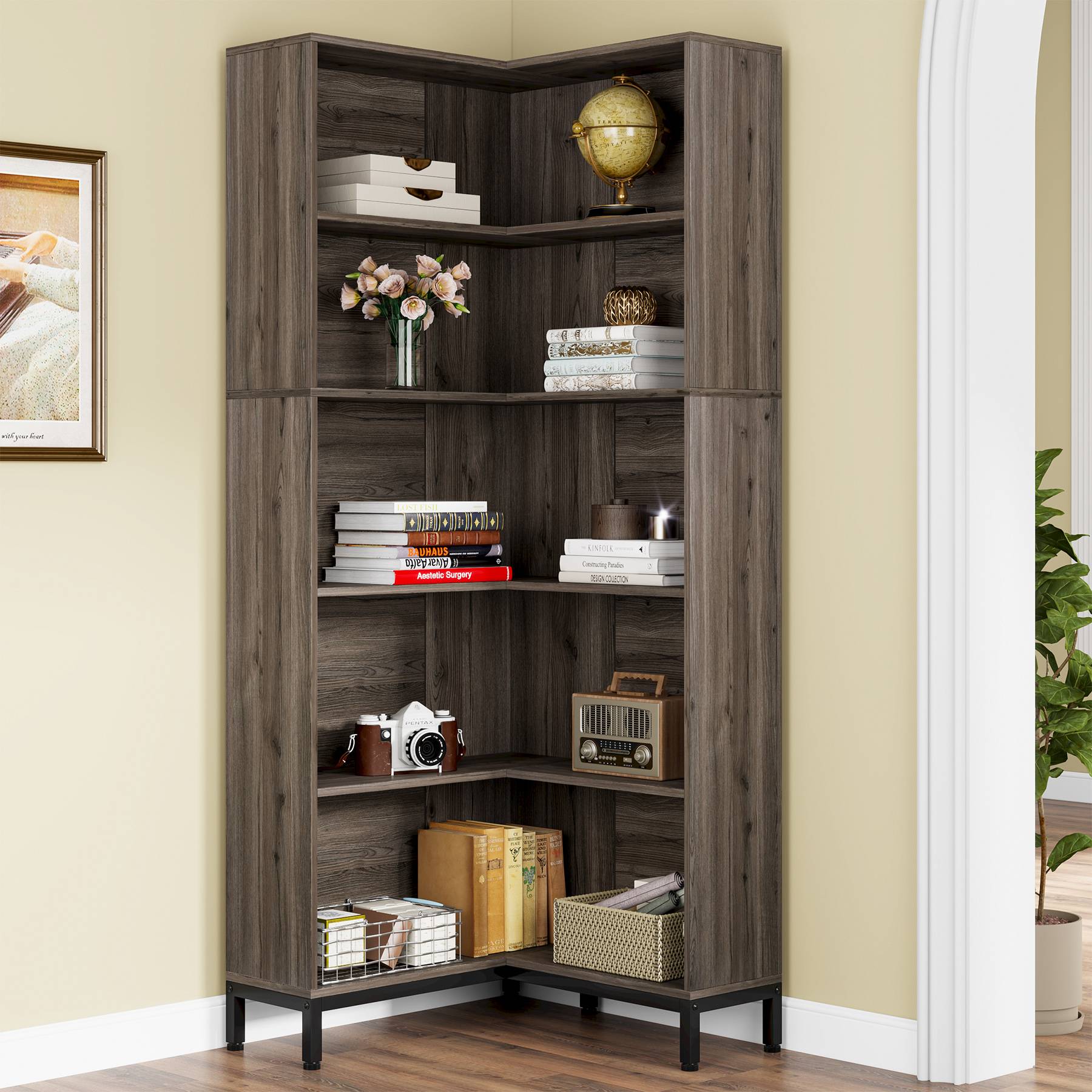 6-Tier Corner Bookcase, 180 cm L-Shaped Etagere Bookshelf