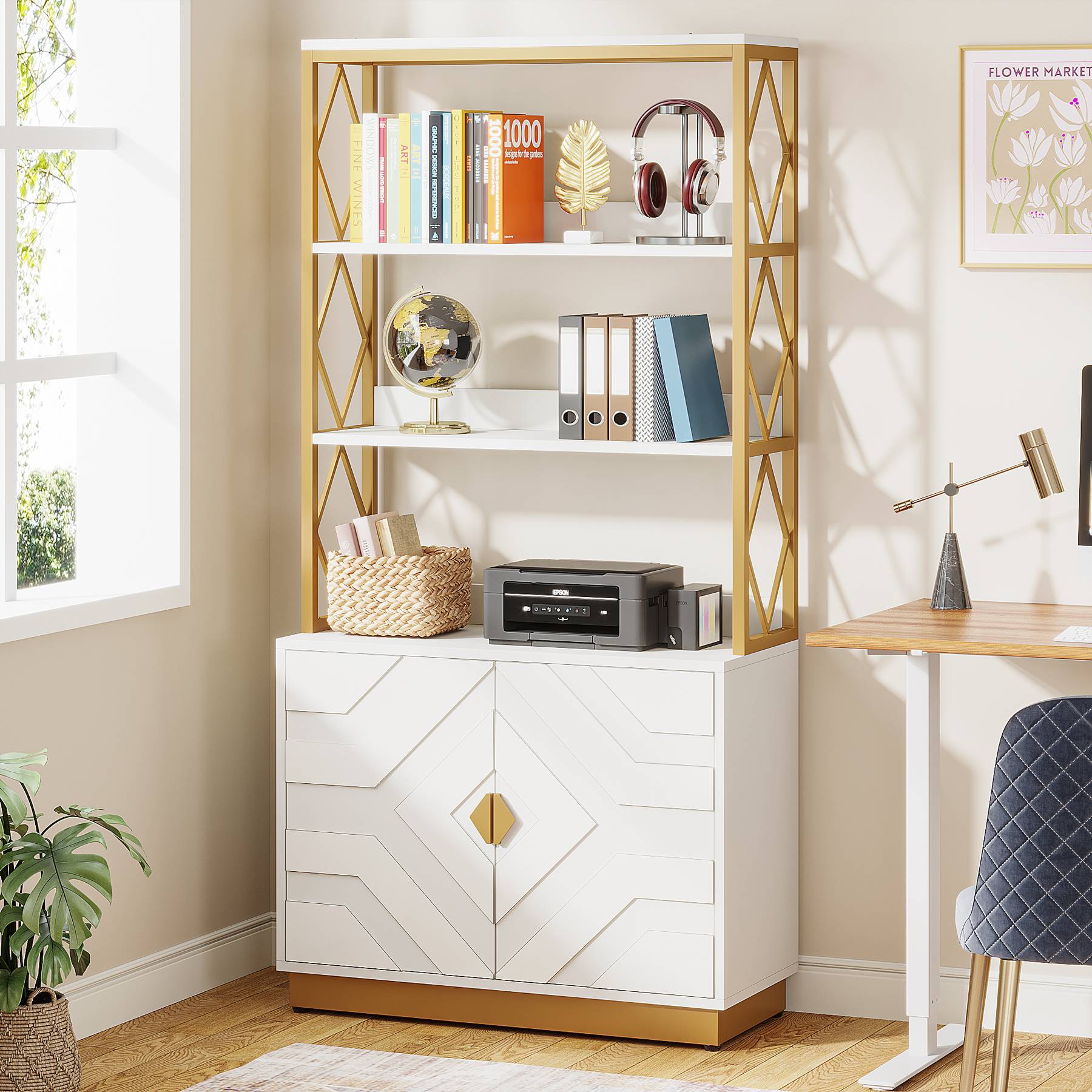 Bookshelf with Doors, 180 cm Modern Etagere Bookcase with 3 Shelves