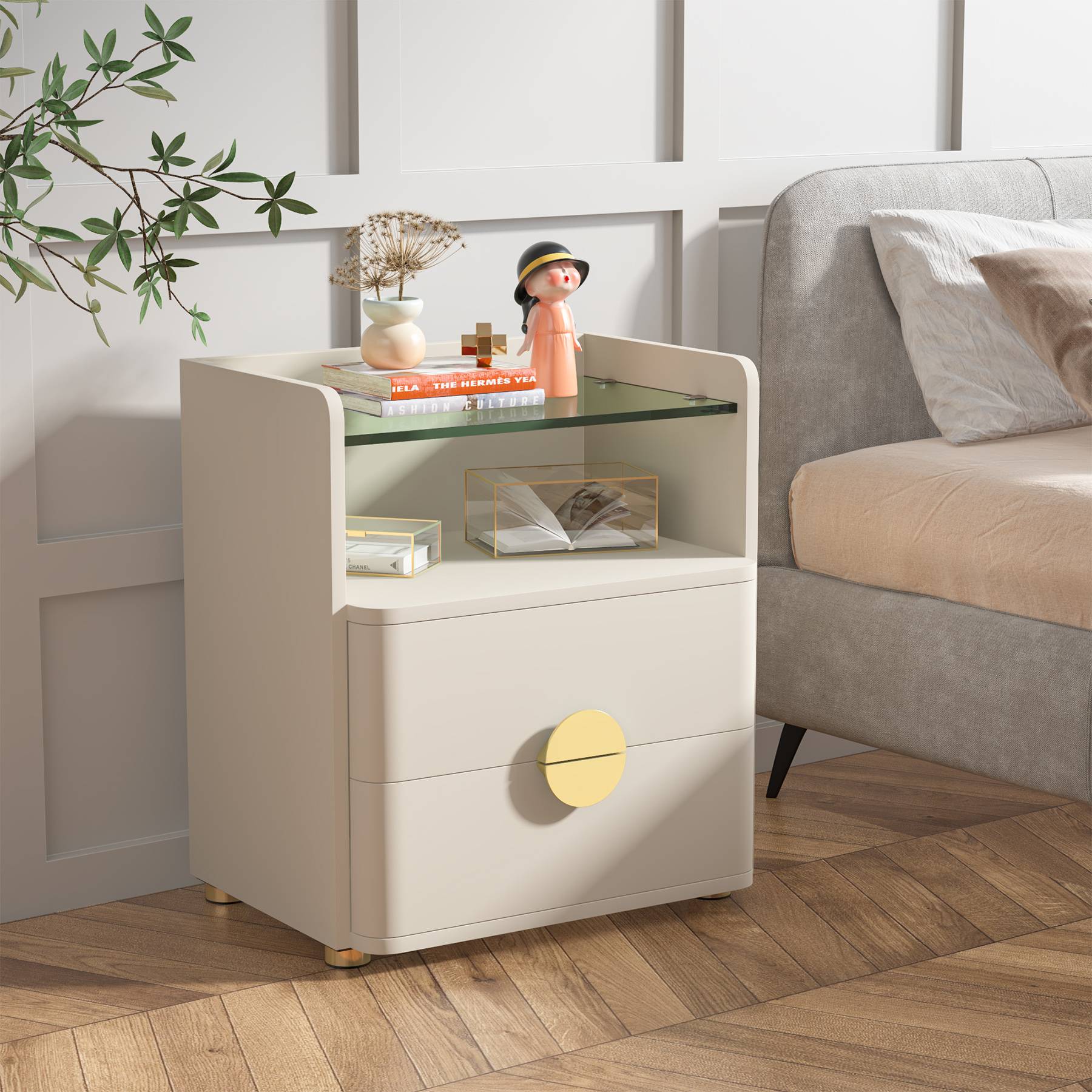 2-Drawer Nightstand, Modern Bedside Table with Open Storage (cm)