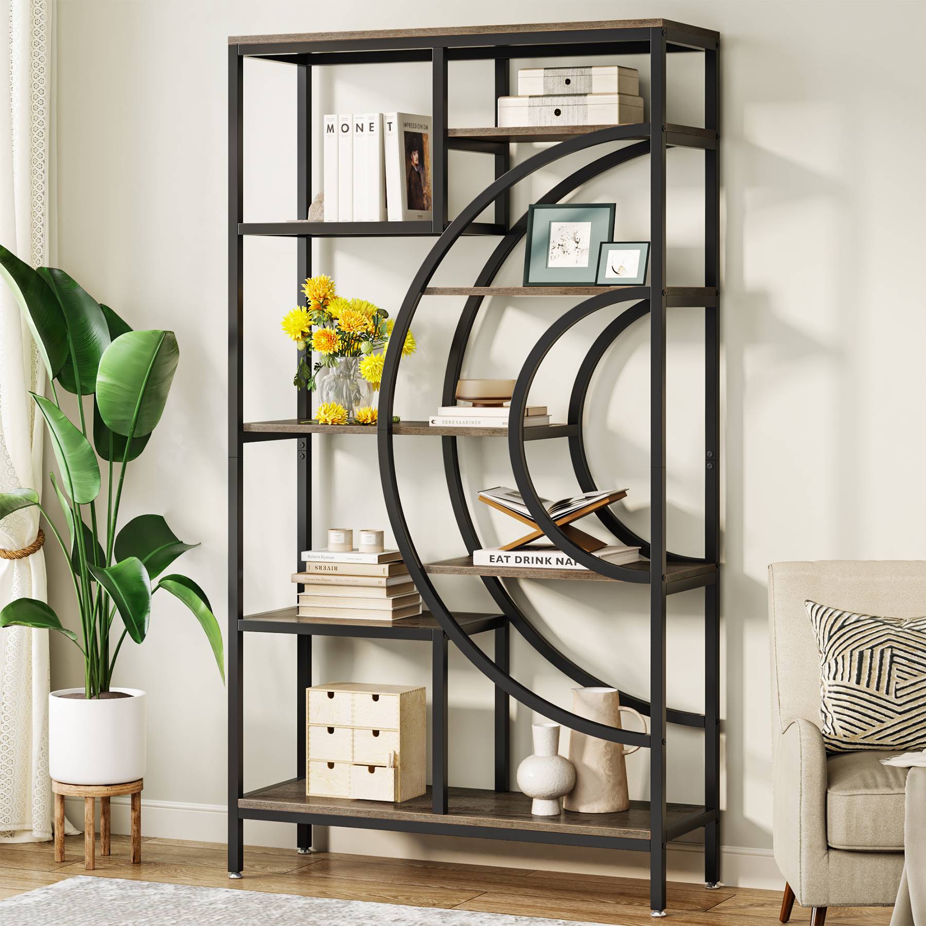 8-Tier Bookshelf, 180 cm Geometric Bookcase, Industrial Etagere Shelving Unit