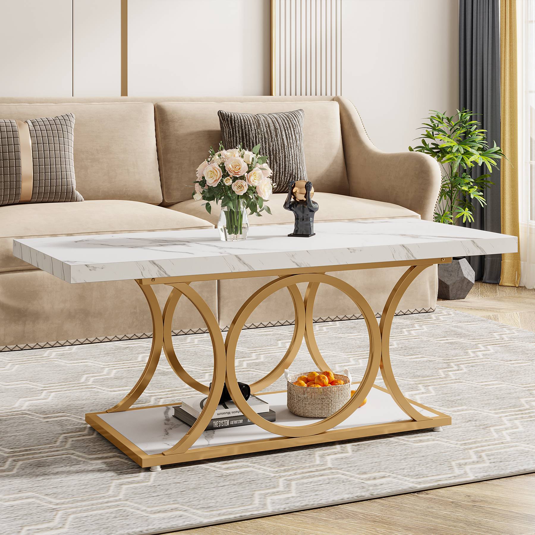 Rectangle Coffee Table, 120 cm Center Table with Faux Marble Top