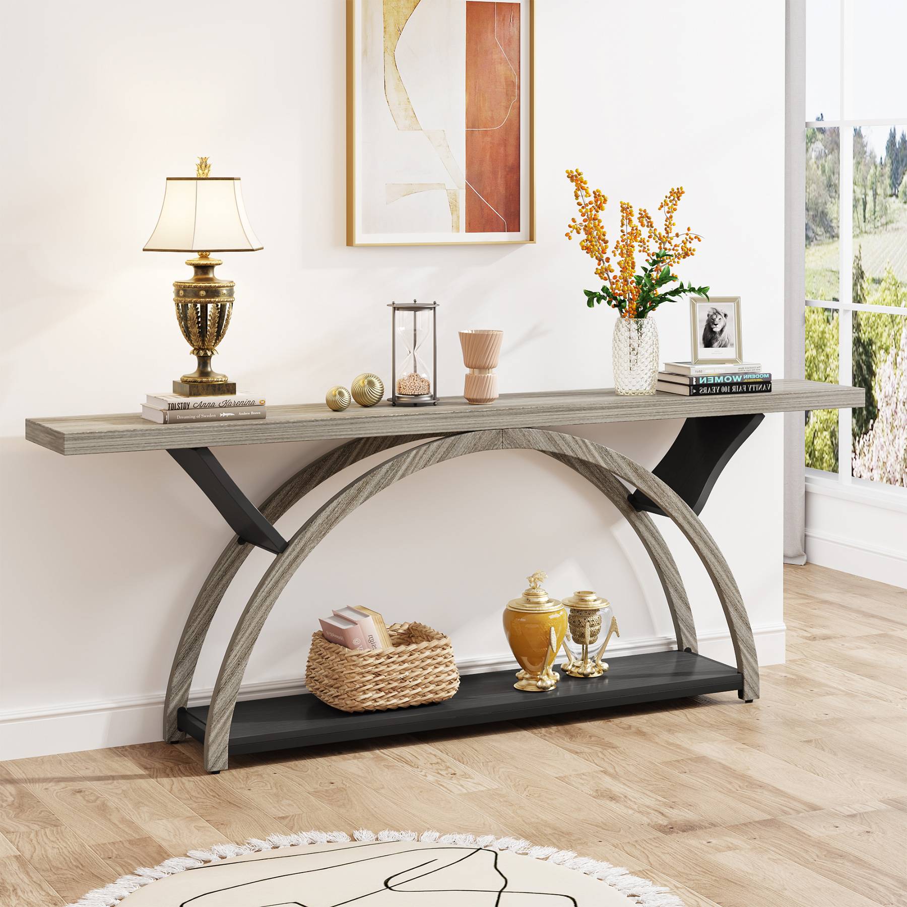 2-Tier Console Table, 180 cm Entryway Table with Half Moon Frame