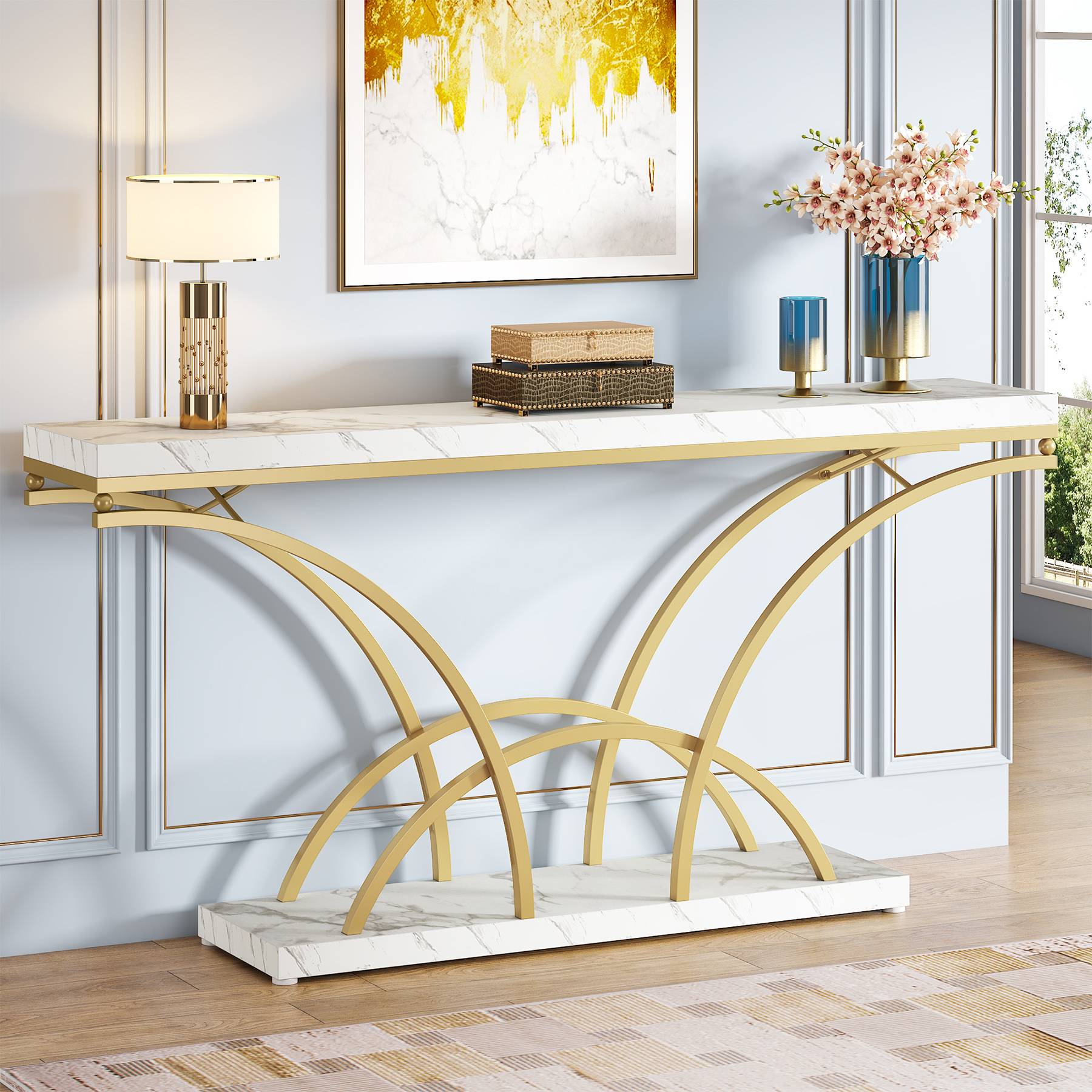 180 cm Console Table, Sofa Table with Faux Marble Tabletop for Entryway