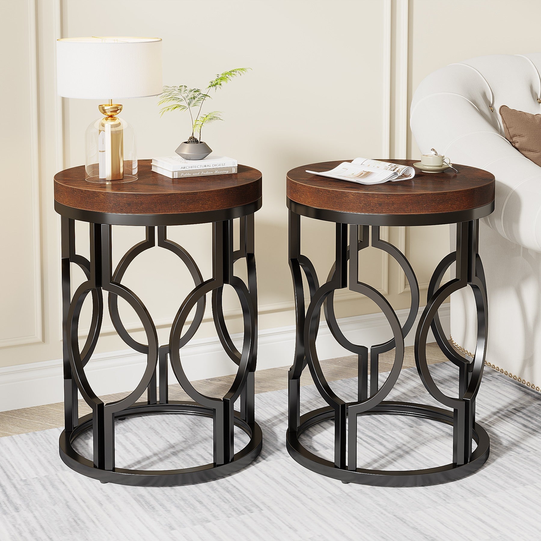 Round End Table, Industrial Side Table with Metal Hollow Frame