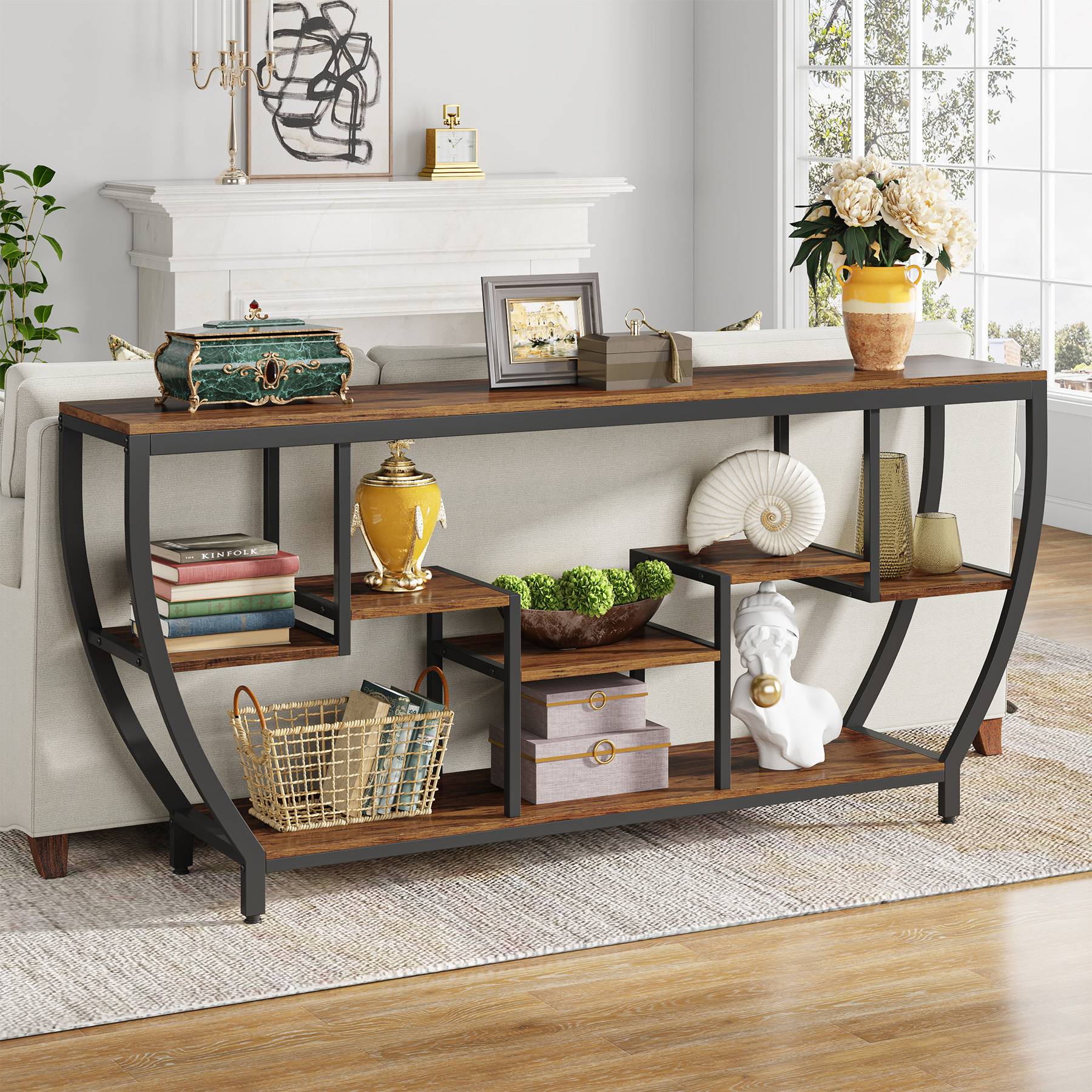 Industrial Console Table, 180 cm Entryway Sofa Table with Shelves