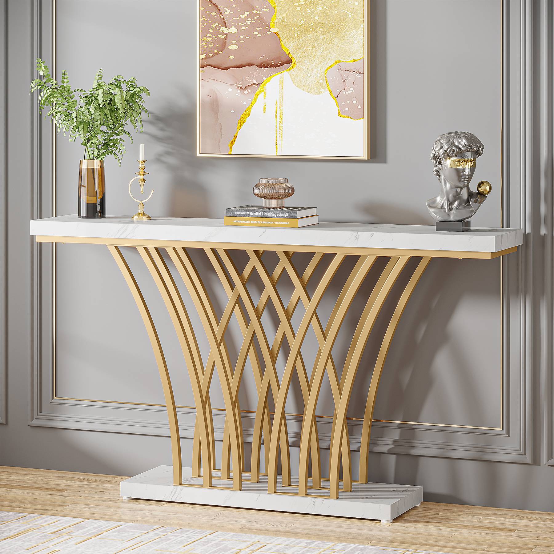 150 cm Faux Marble Console Table with Geometric Metal Base