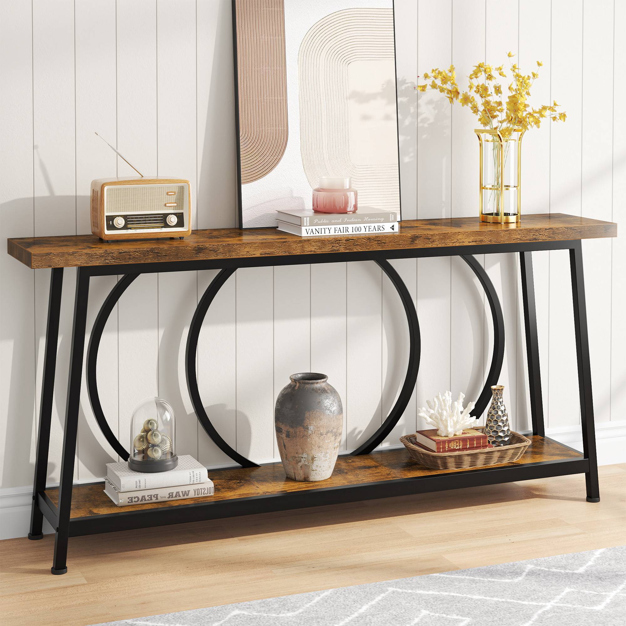 2-Tier Console Table, 180 cm Sofa Entryway Table with Storage Shelves