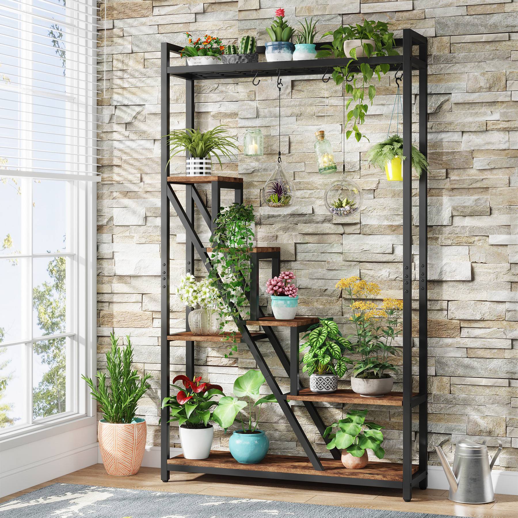 7-Tier Plant Stand, 180 cm Tall Flower Plant Shelf with 5 S-Hooks