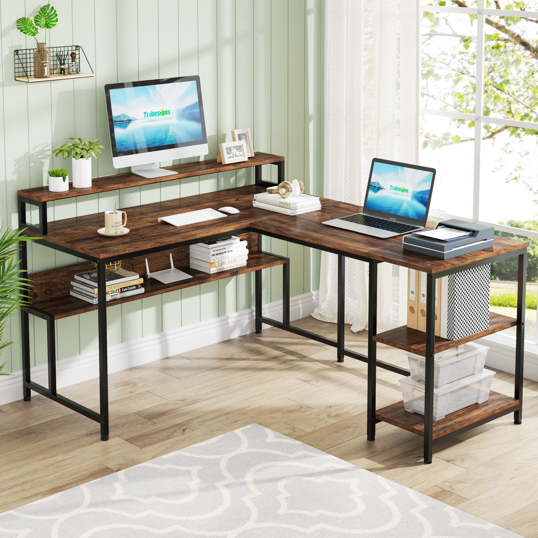 Reversible L-Shaped Desk, 150 cm Corner Desk with Shelves & Monitor Stand