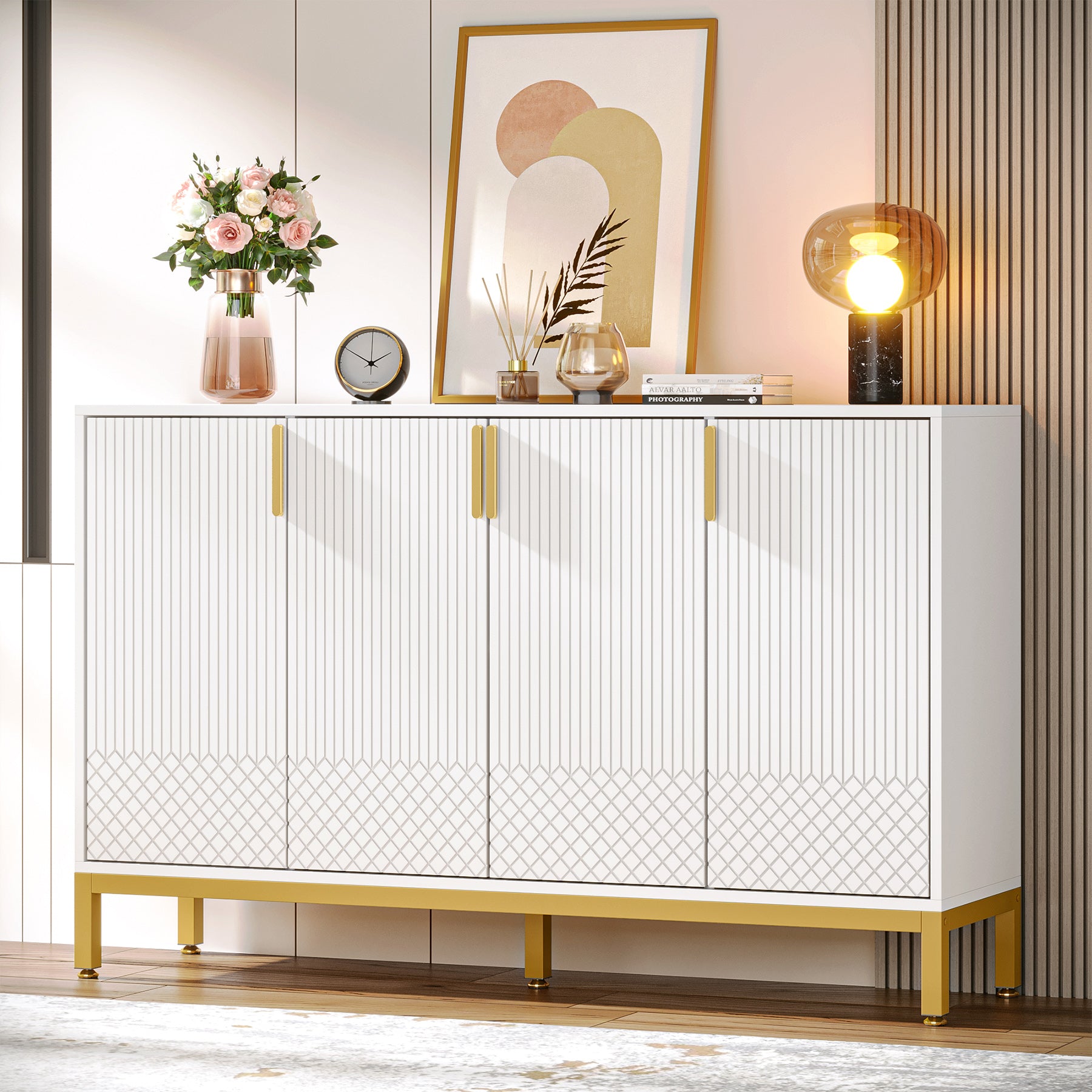 Modern Sideboard Buffet, 150 cm Luxury Buffet Storage Cabinet with 4 Doors