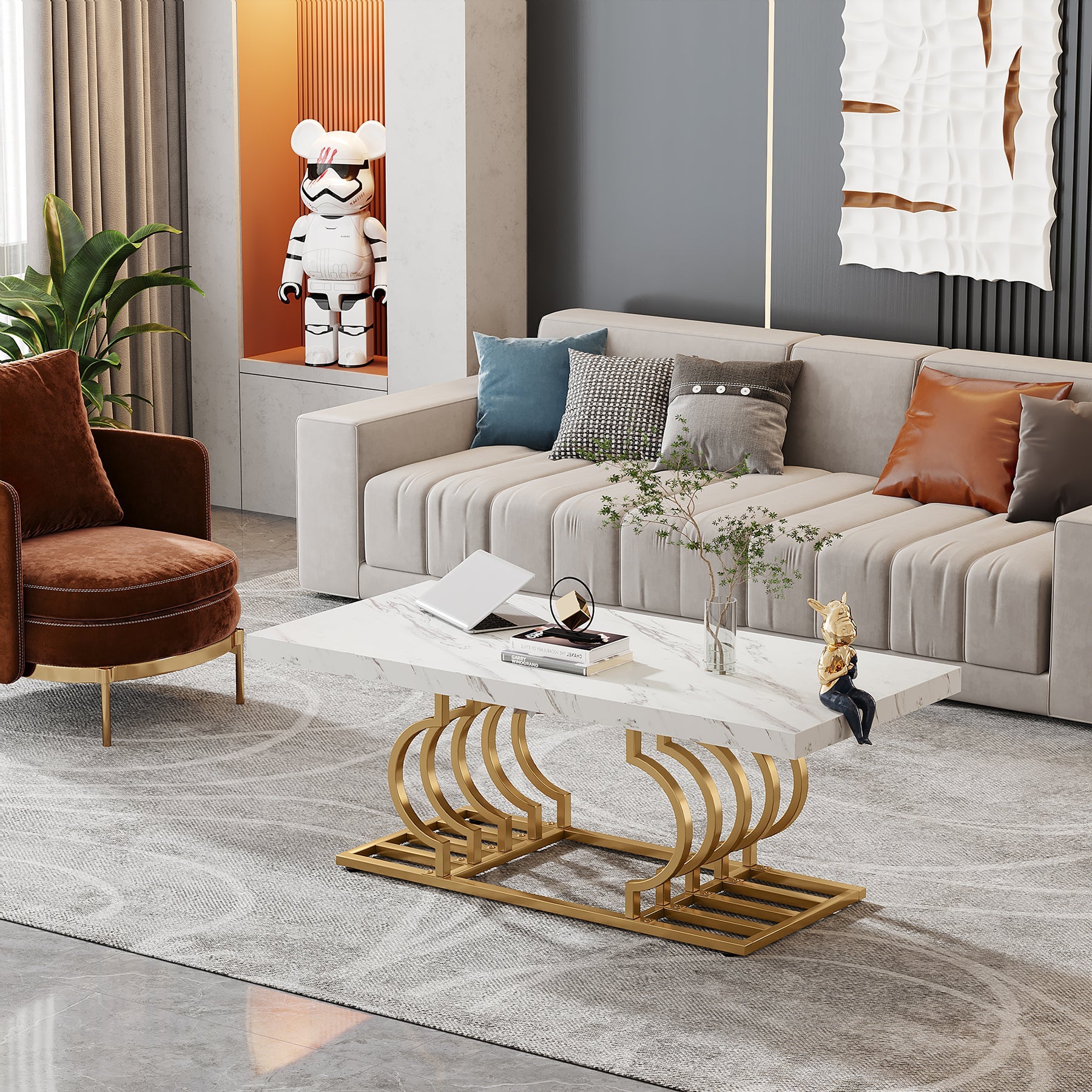 Rectangular Coffee Table, 120 cm Faux Marble Cocktail Table with Geometric Frame