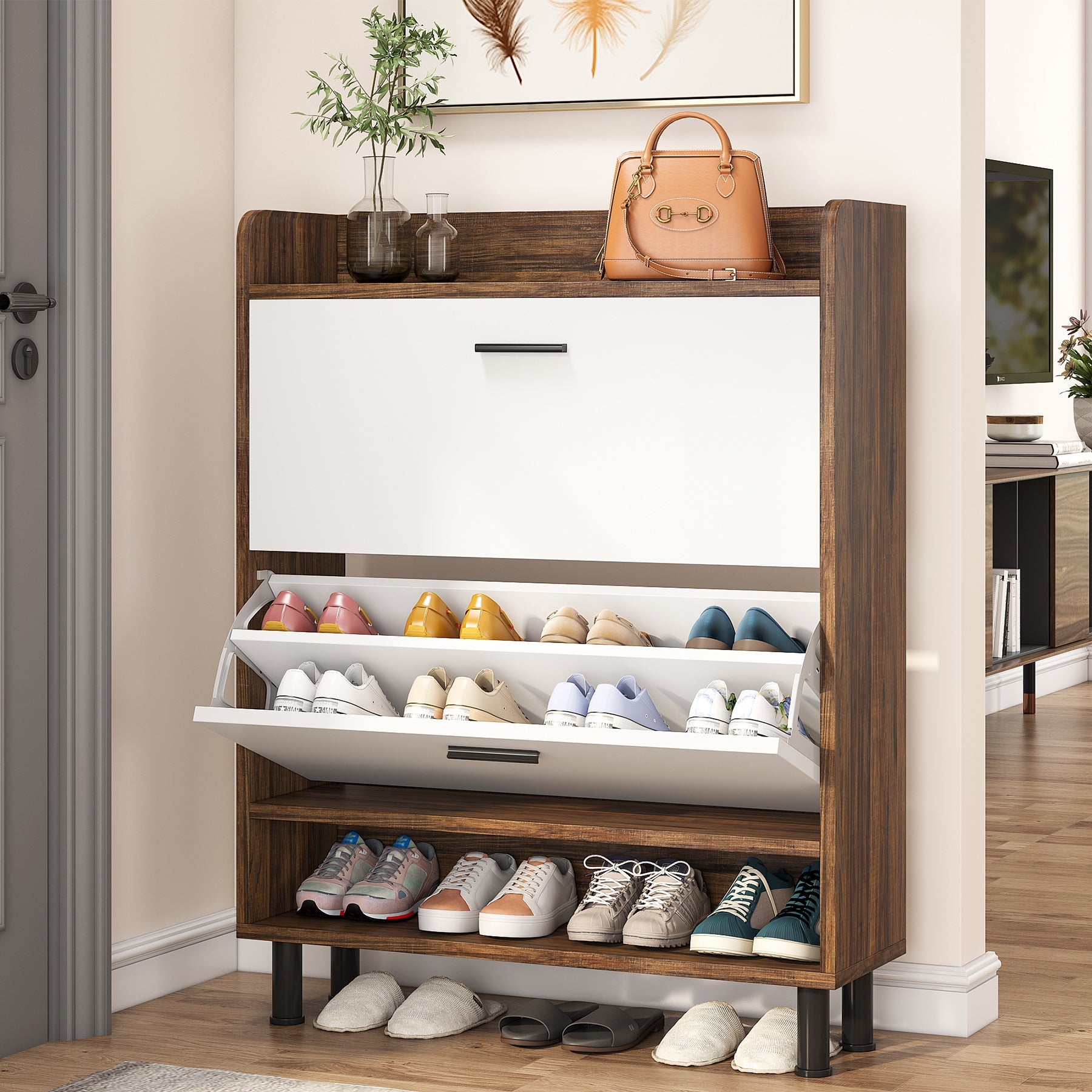 2-Tier Shoe Cabinet Shoe Organizer with Flip Doors & Open Shelves (Dimensions in cm)