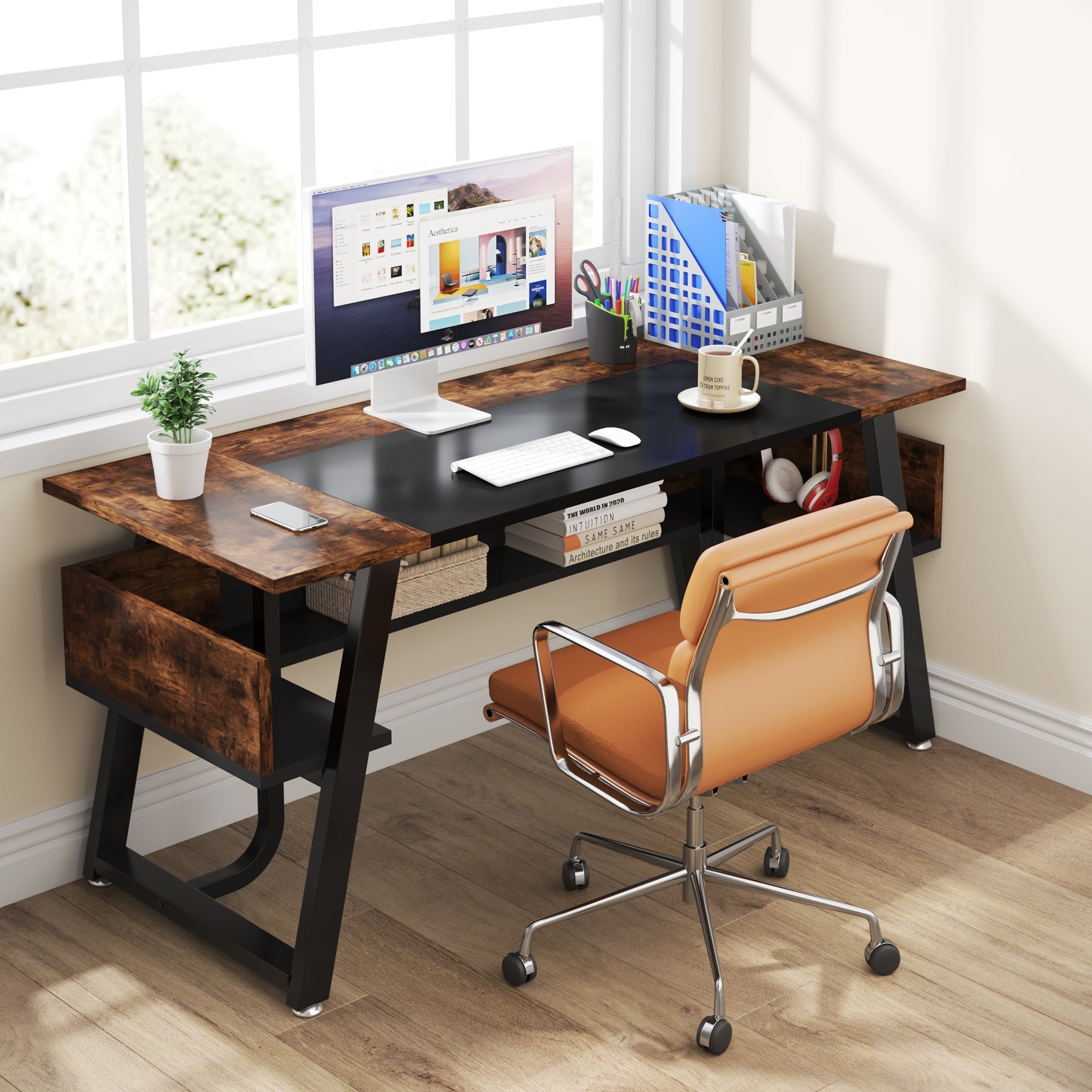 160 cm Executive Desk Computer Office Desk with Storage Shelf