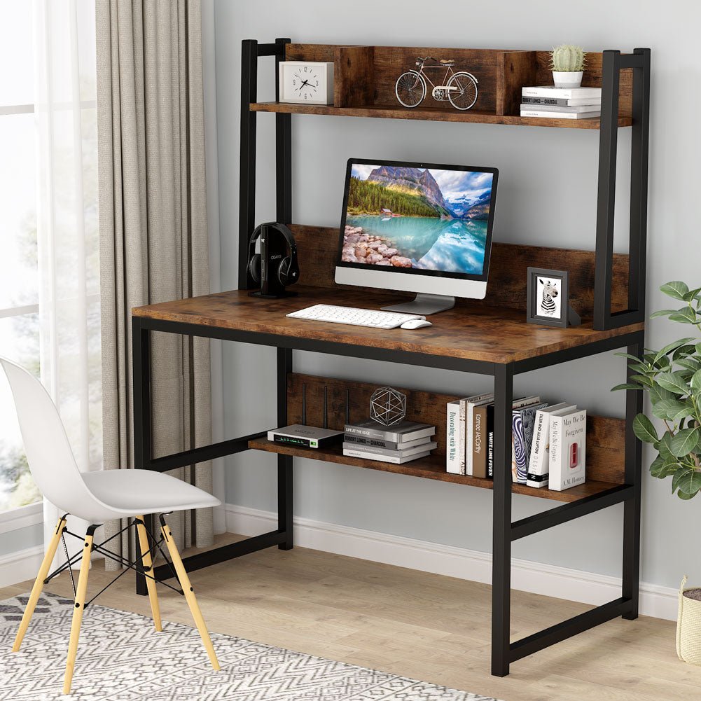 140 cm Tall Computer Desk, Home Office Desk with Hutch and Shelves