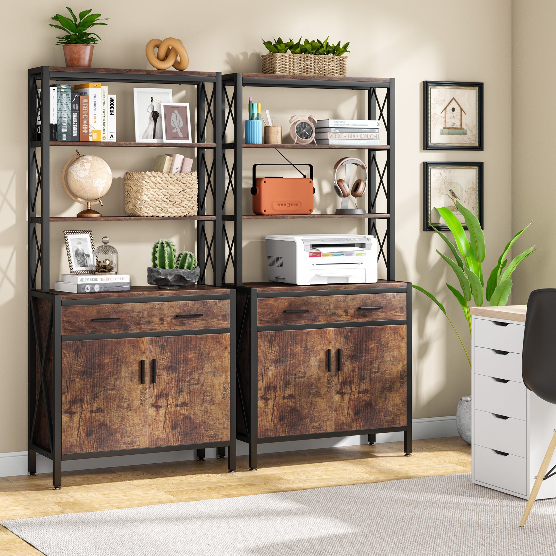 Industrial Bookshelf, 4-Tier Etagere Bookcase with Drawer & Cabinet (cm)