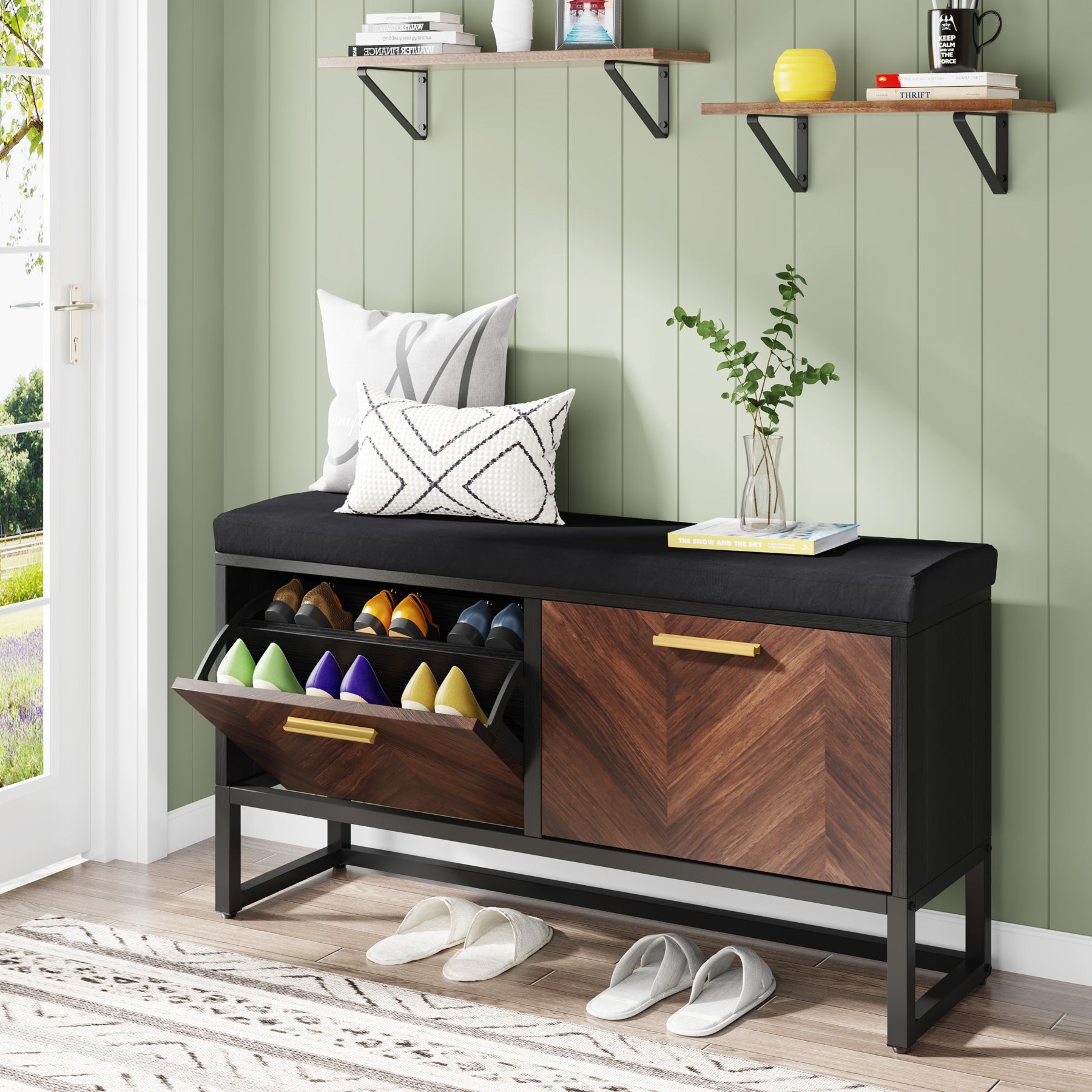 Entryway Shoe Storage Bench, Hallway Shoe Organizer with 2 Flip Drawers (in cm)