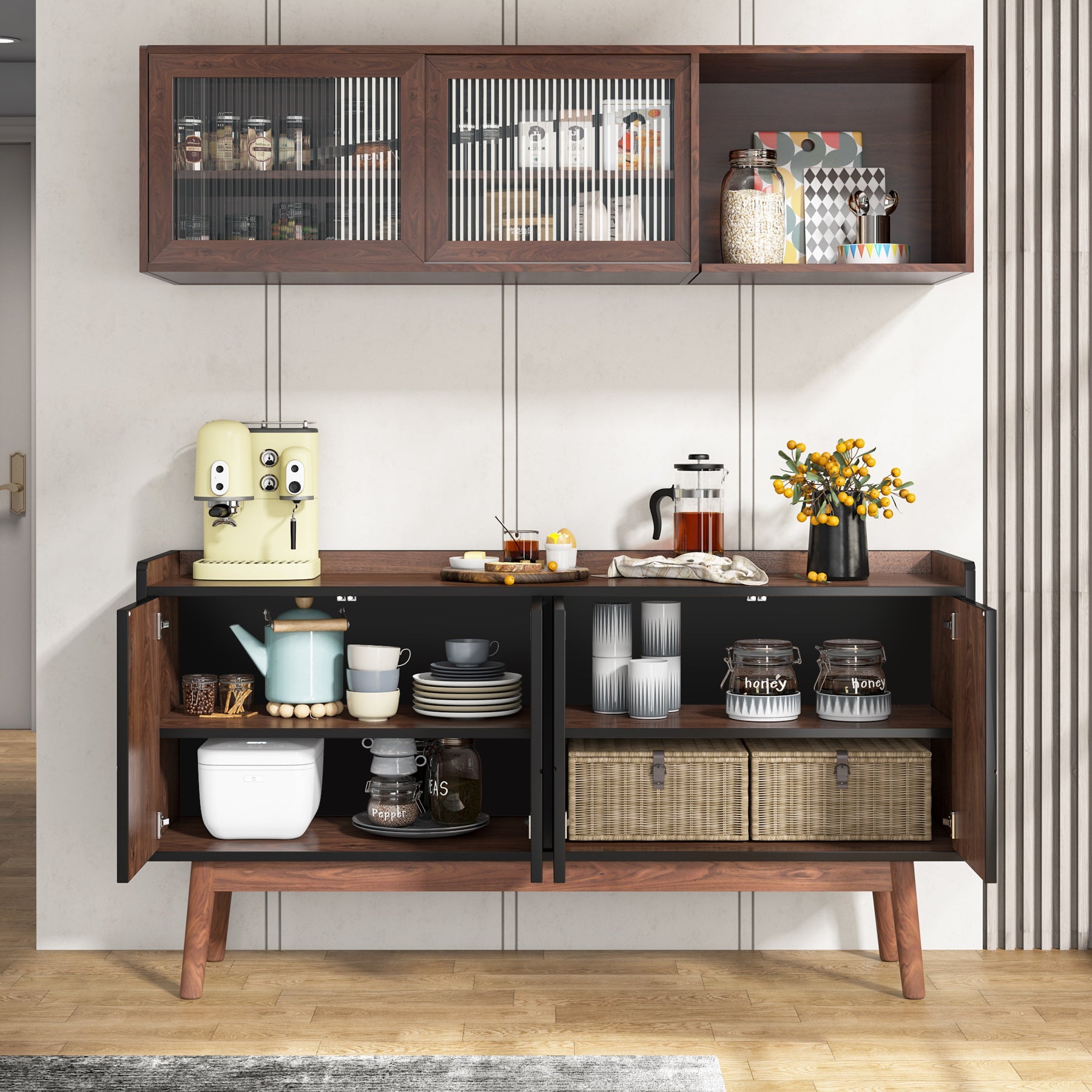 140 cm Sideboard Buffet, Wood Credenza Kitchen Buffet Cabinet with Doors