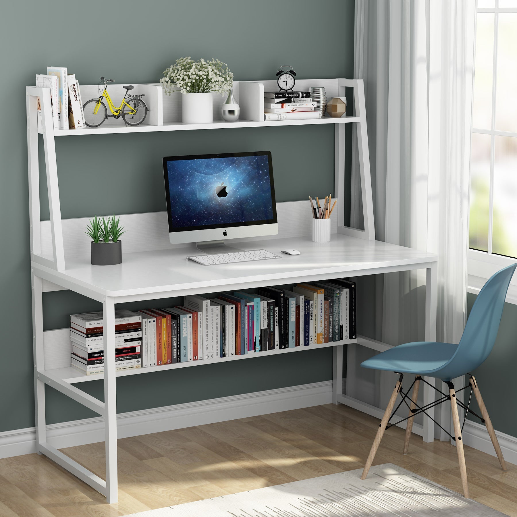 119 cm Computer Desk, Heavy Duty Writing Desk with Hutch & Bookshelf