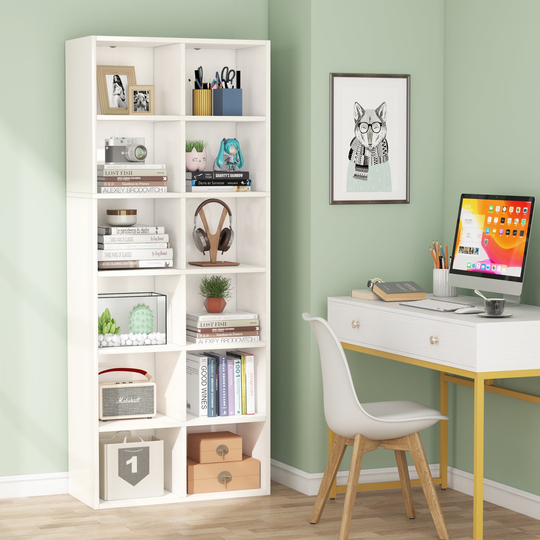 180 cm Bookcase, Modern Bookshelf with 12 Cube Storage