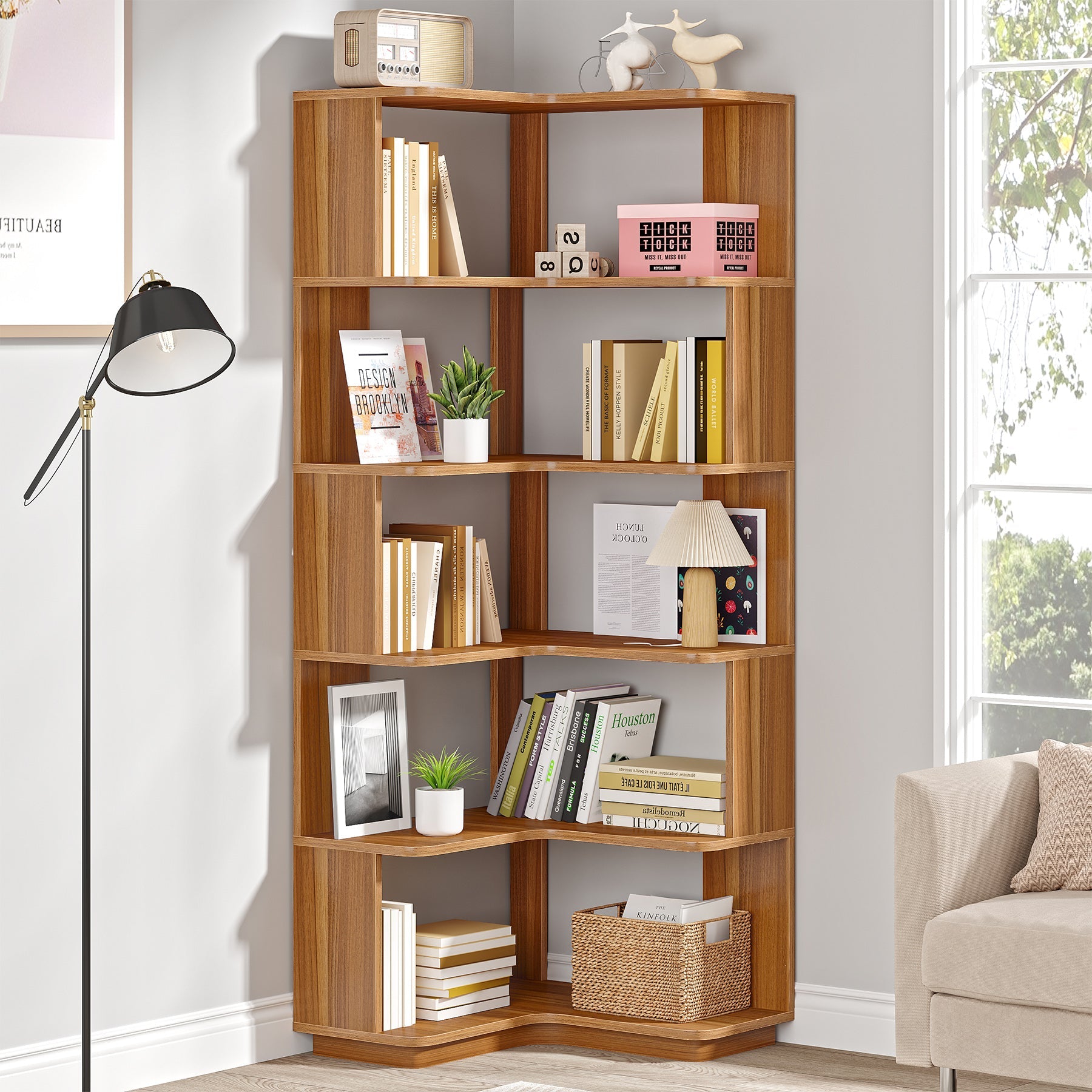 6-Tier Corner Bookshelf, 165.9 cm Corner Bookcase with Anti-Drop Panel