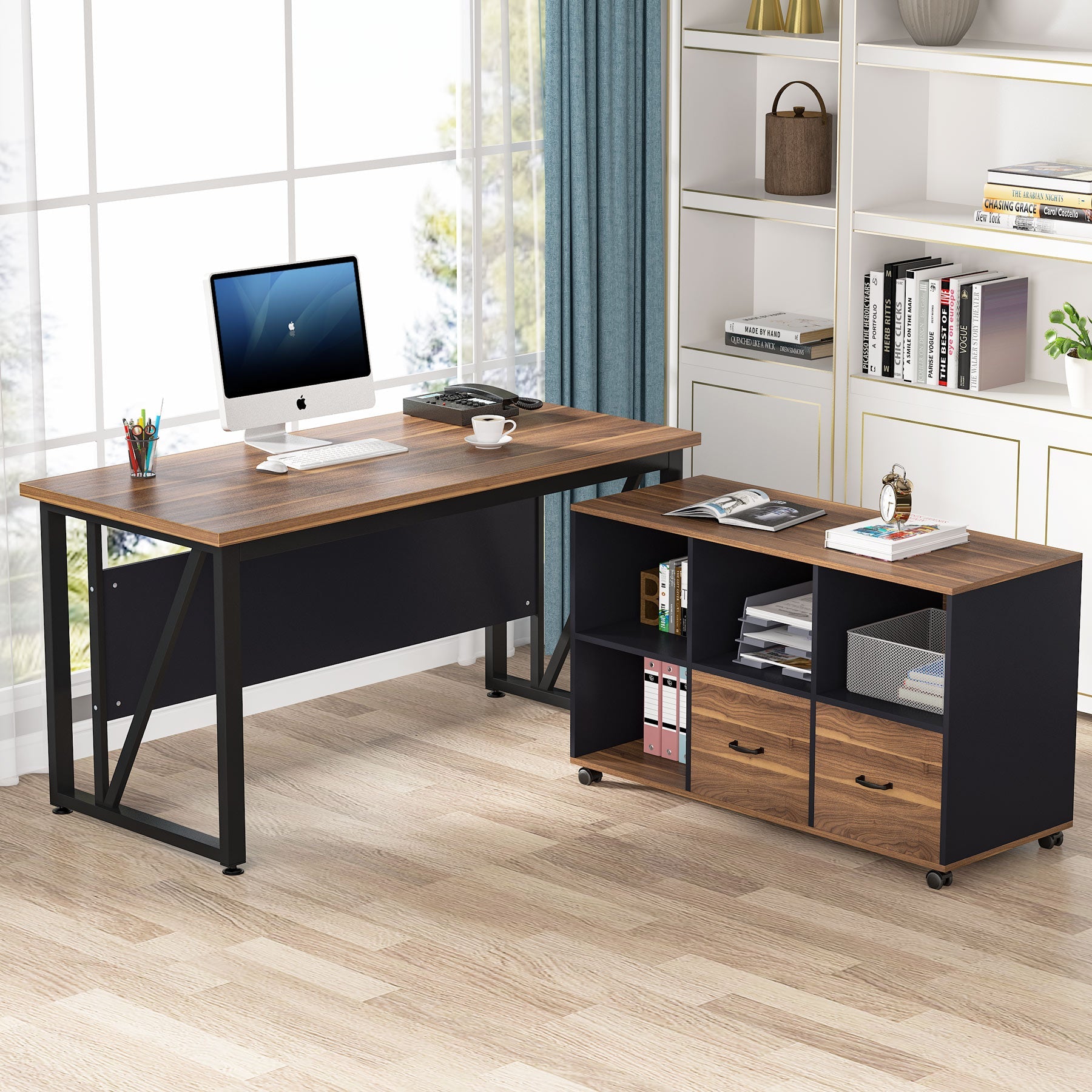 L-Shaped Computer Desk, 140 cm / 160 cm Executive Desk and Mobile File Cabinet