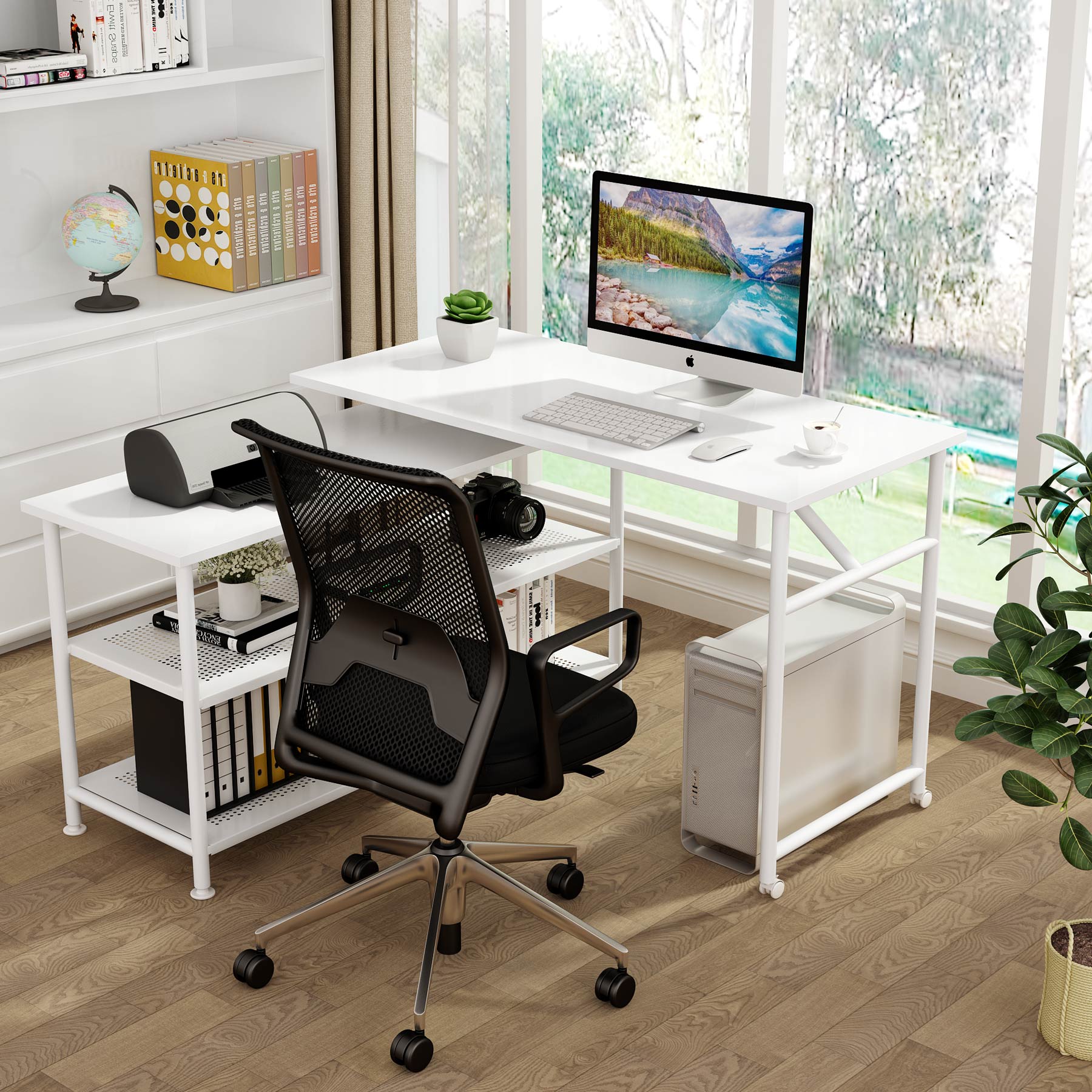 360° Rotating Desk, Modern L-Shaped Desk with Storage Shelves (Dimensions in cm)