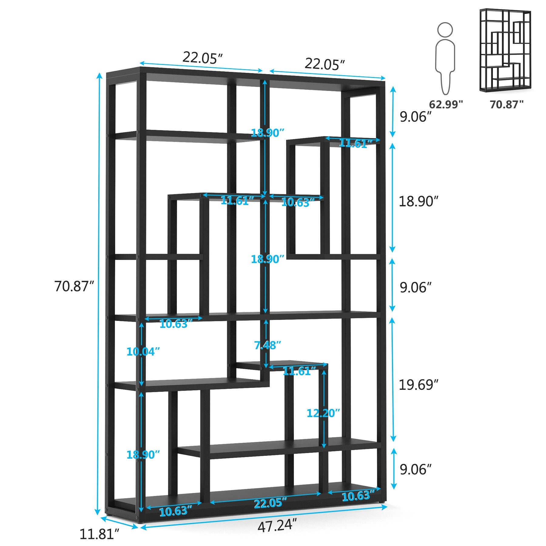 180 cm Bookshelf, Black Standing Shelf Bookcase Storage Rack