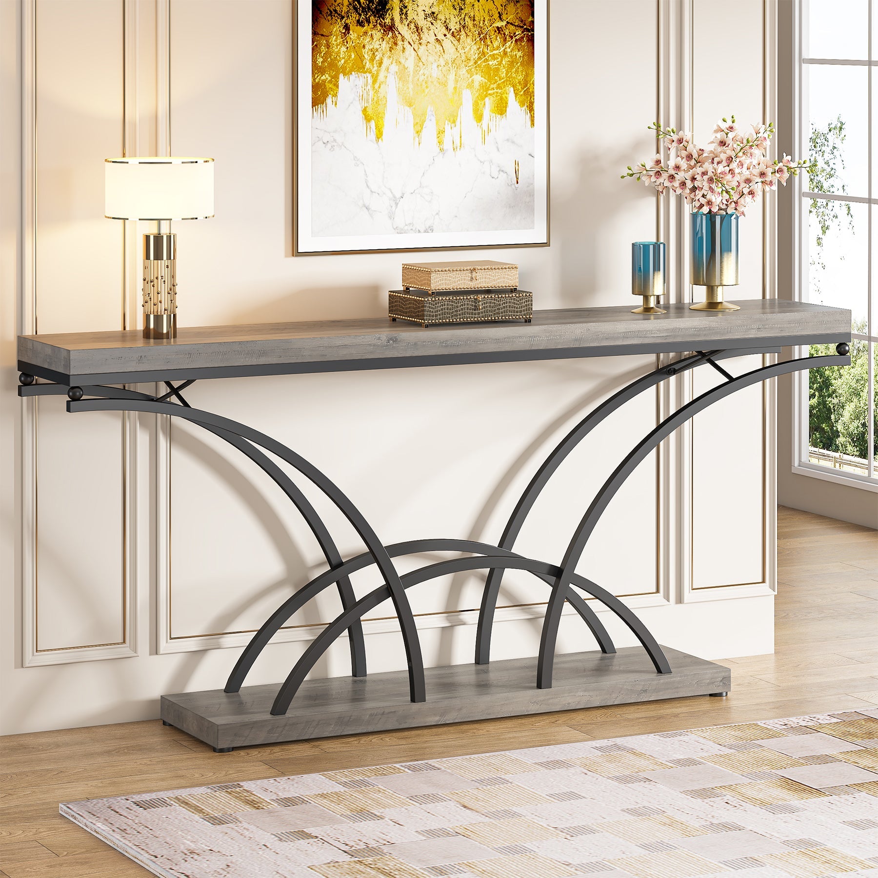 180 cm Console Table, Sofa Table with Faux Marble Tabletop for Entryway