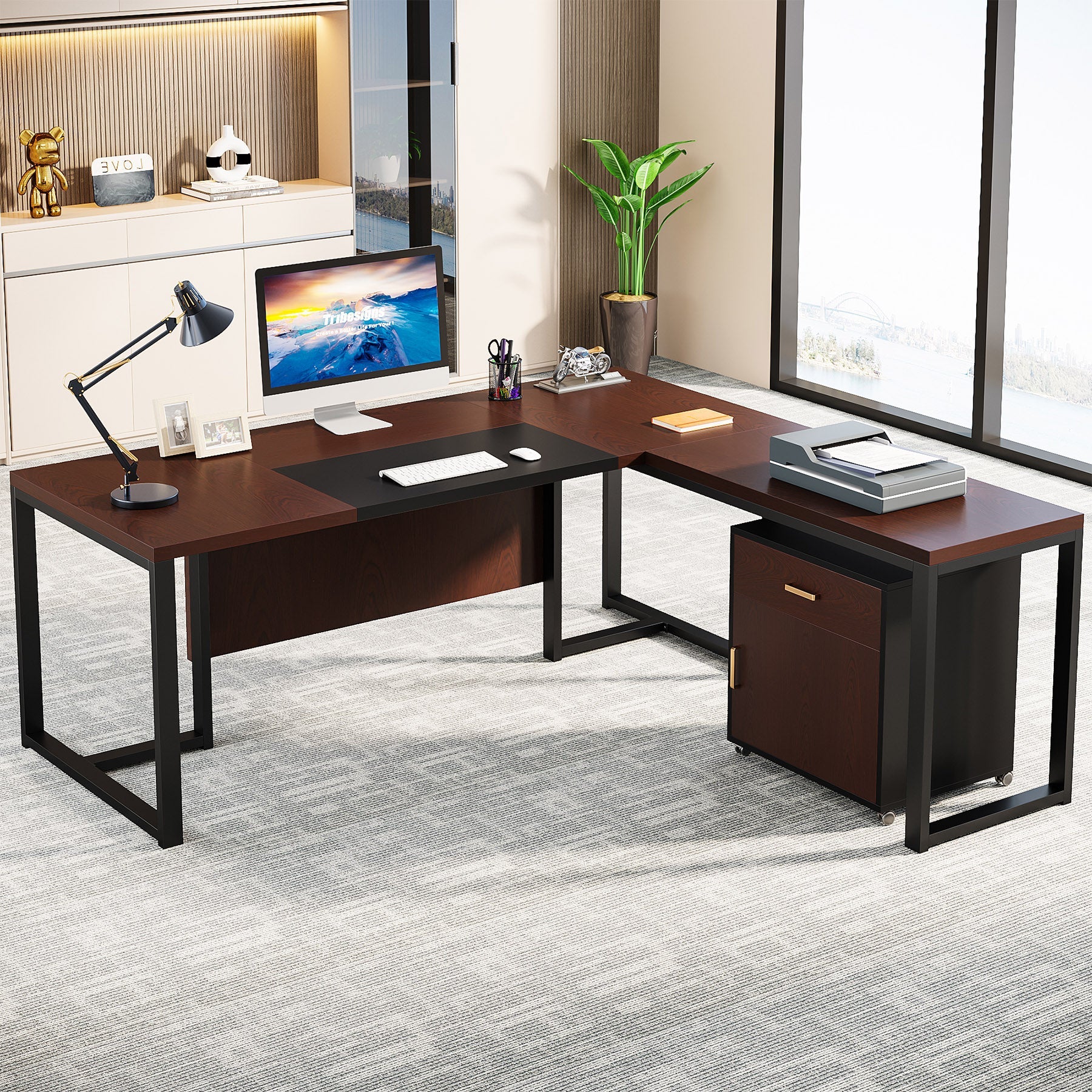 180 cm L-Shaped Desk, Large Executive Desk with Mobile File Cabinet