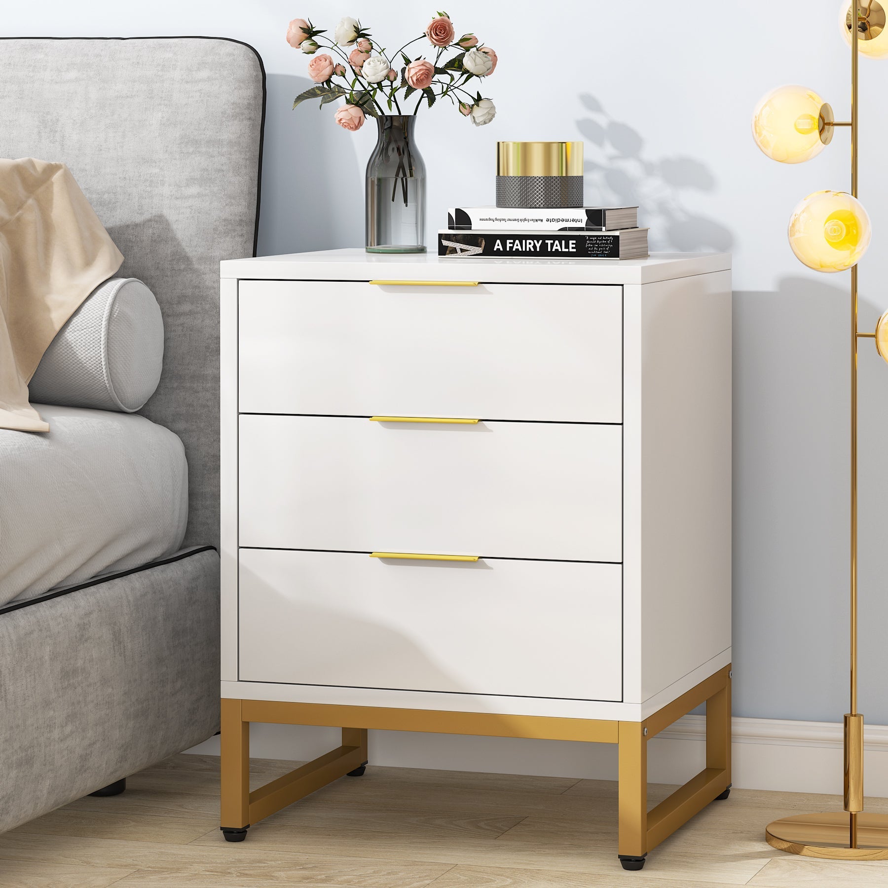 3-Drawer Nightstand, Modern Bedside End Table with Metal Frame (76.2 cm)