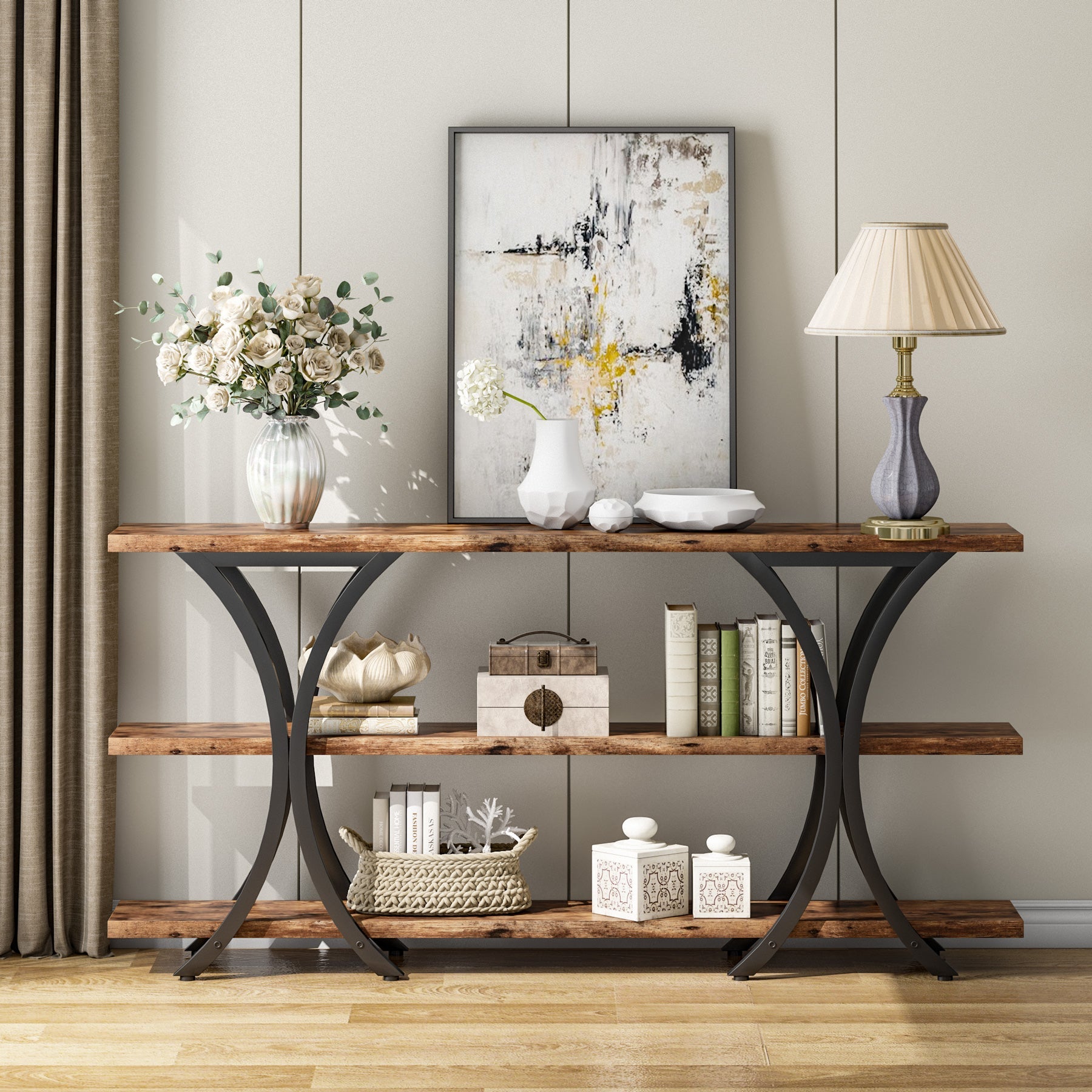 180 cm Console Table, Industrial Entryway Sofa Table with 3-Tier Shelves