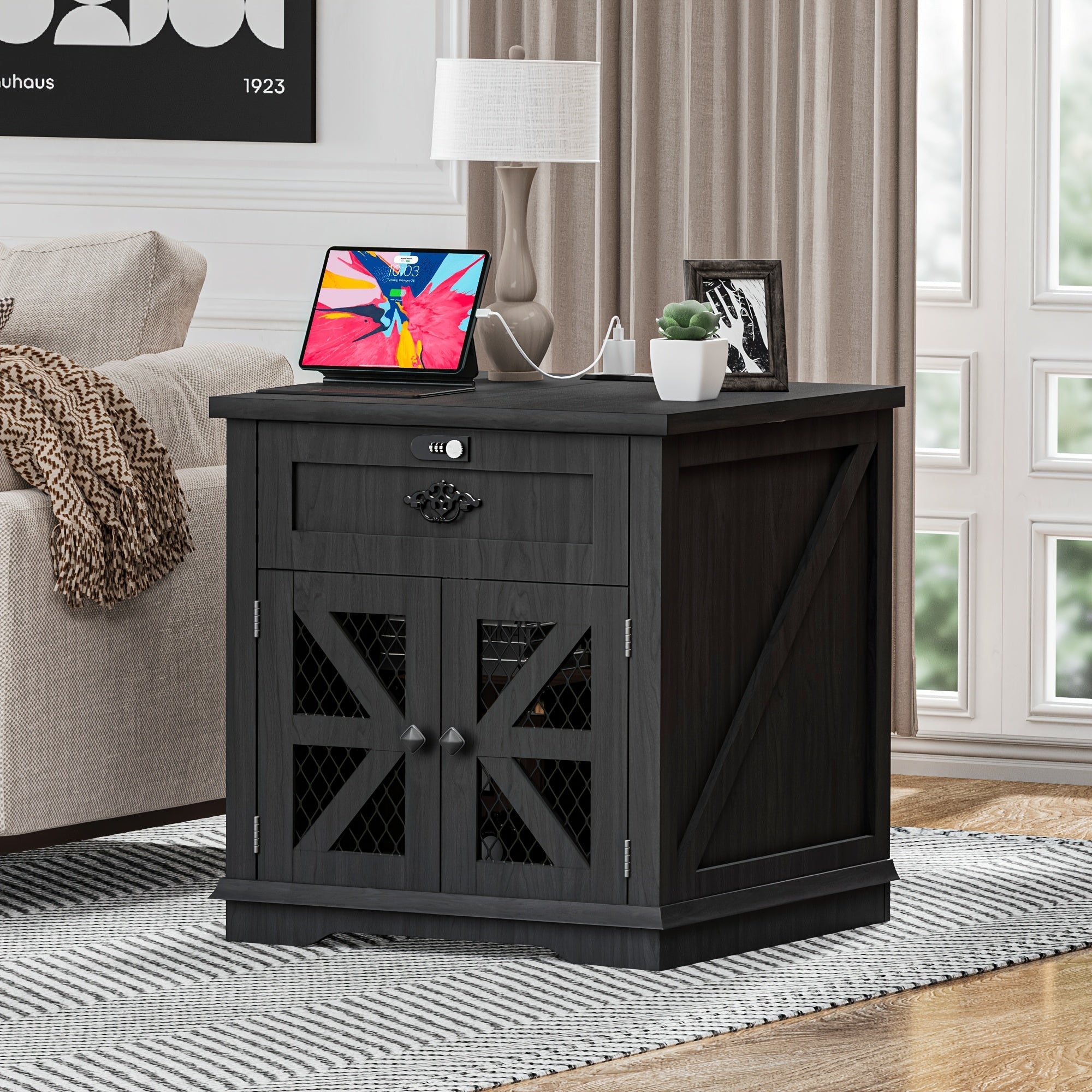 Chic 60cm Farmhouse Nightstand with Charging Station - Black Metal Wire Mesh Barn Door Design, Adjustable Storage Shelves, Perfect for Bedroom & Living Room