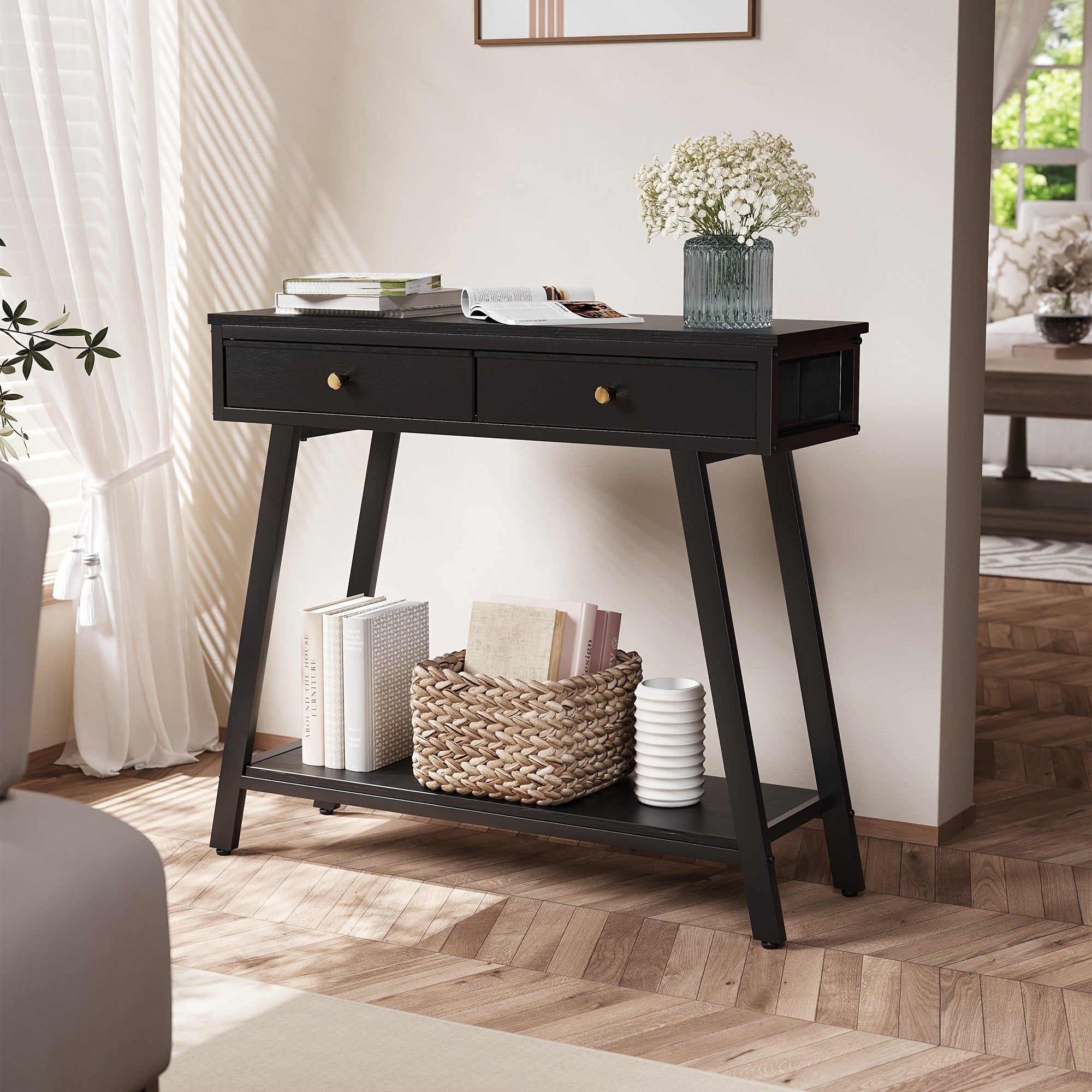 1pc Black 2-Tier Entryway Side Table, 2-Drawer Console Table (Dimensions in cm)