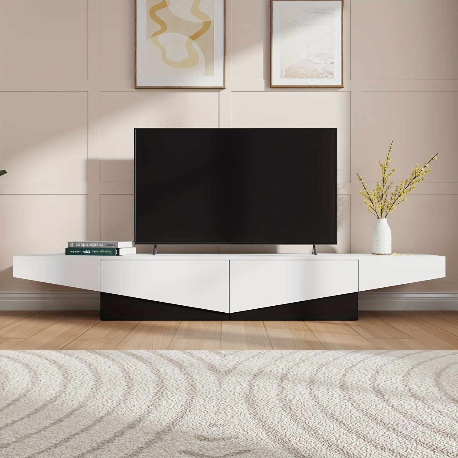 Modern media console TV stand with 2 drawers, suitable for living rooms, stylish design, black and white