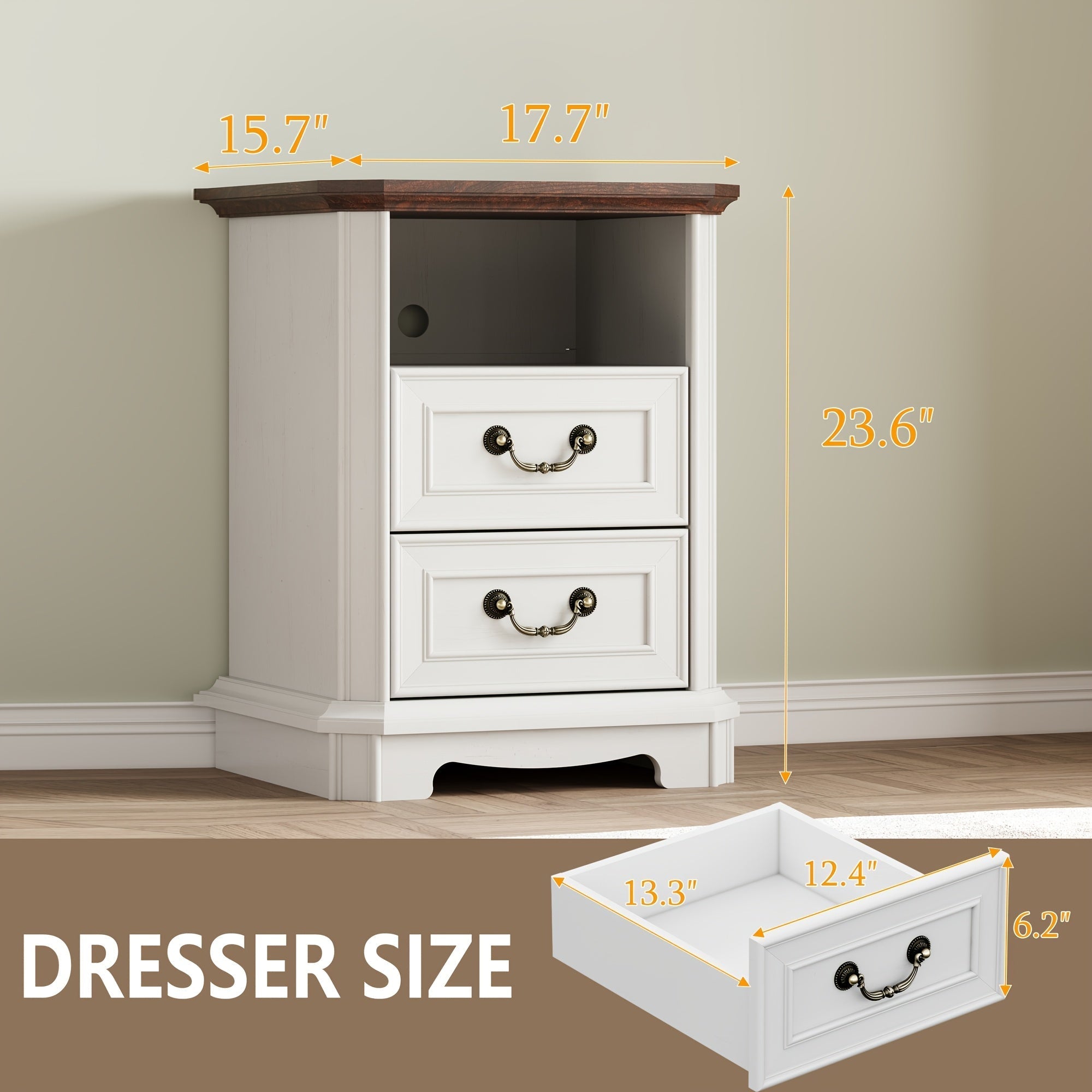 Charming Farmhouse 2-Drawer Nightstand - White Wooden End Table with Open Shelf for Bedroom & Living Room, Stain-Resistant