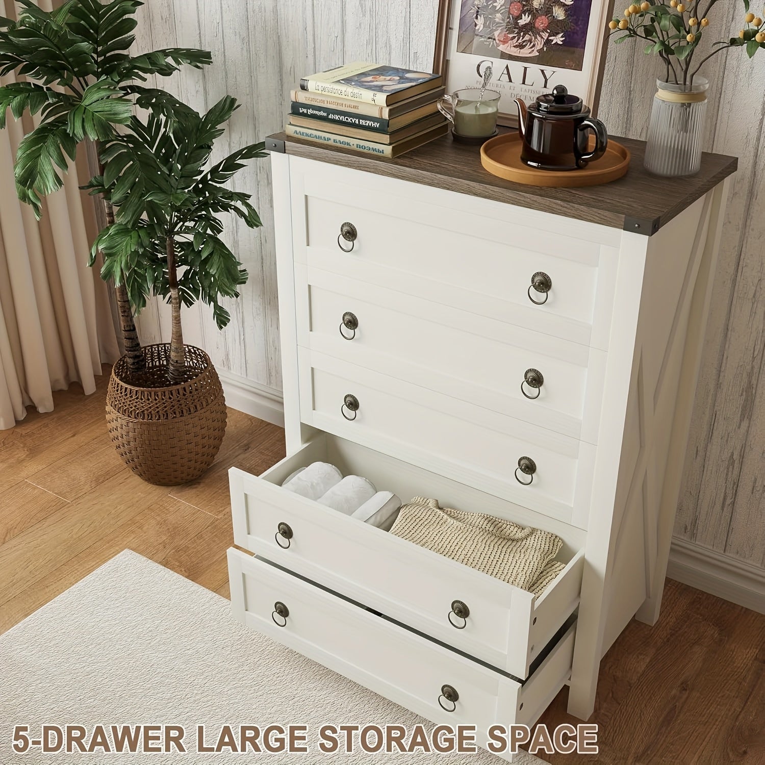 Farmhouse 5 Drawer Dresser, Tall Wood Dresser for Bedroom, Rustic Chest Of Drawers, Storage Cabinet with Drawers for Living Room, Entryway