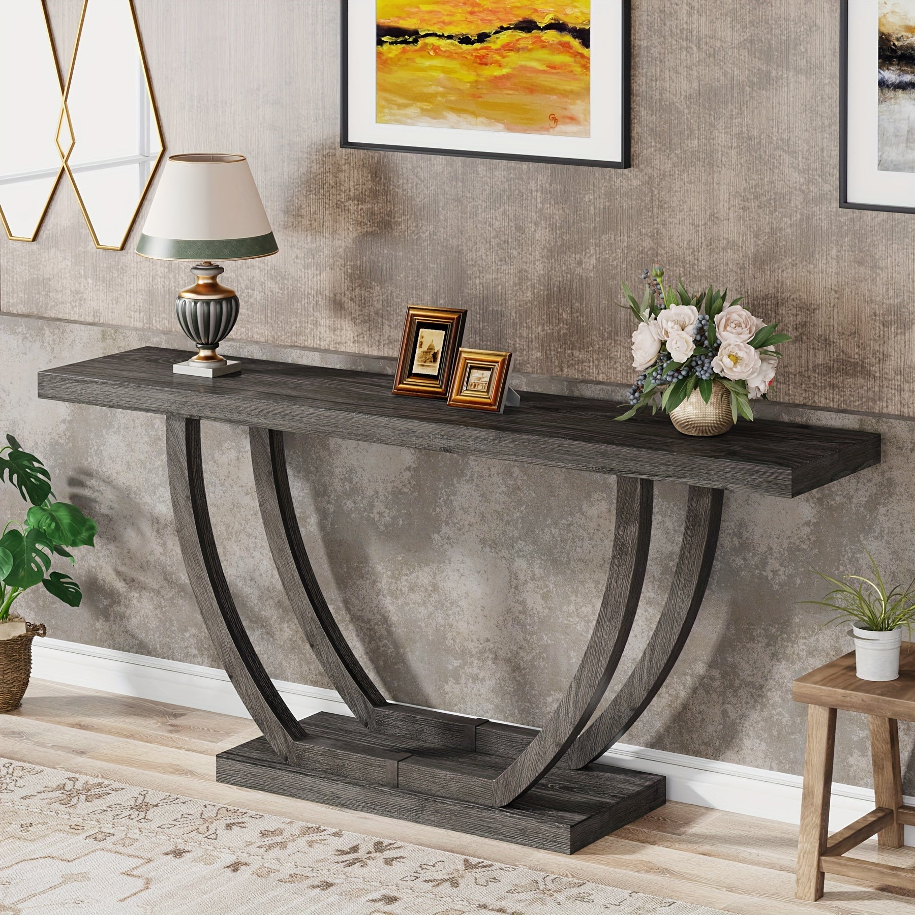 160 cm Farmhouse Console Table for Entryway, Wood Entry Foyer Table for Entrance, Narrow Long Sofa Table Behind Couch with Metal Legs for Living Room