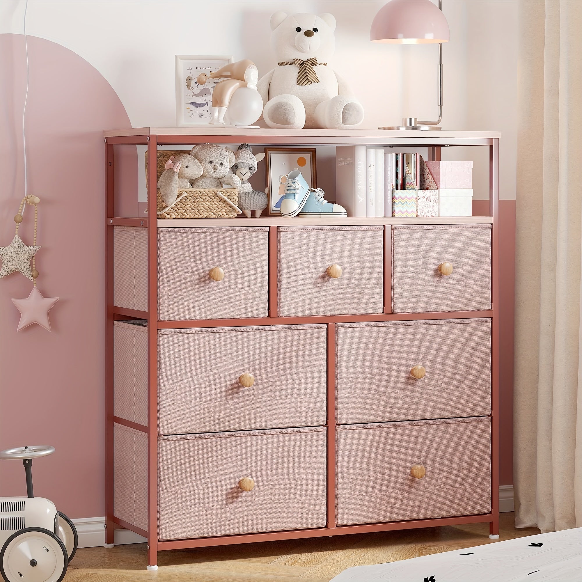 Pink Dresser, Dresser For Bedroom With 7 Drawers, Chests Of Drawers & Fabric Dresser For Bedroom With Wood Top And Metal Frame, Dresser For Living Room, Closet, Entryway