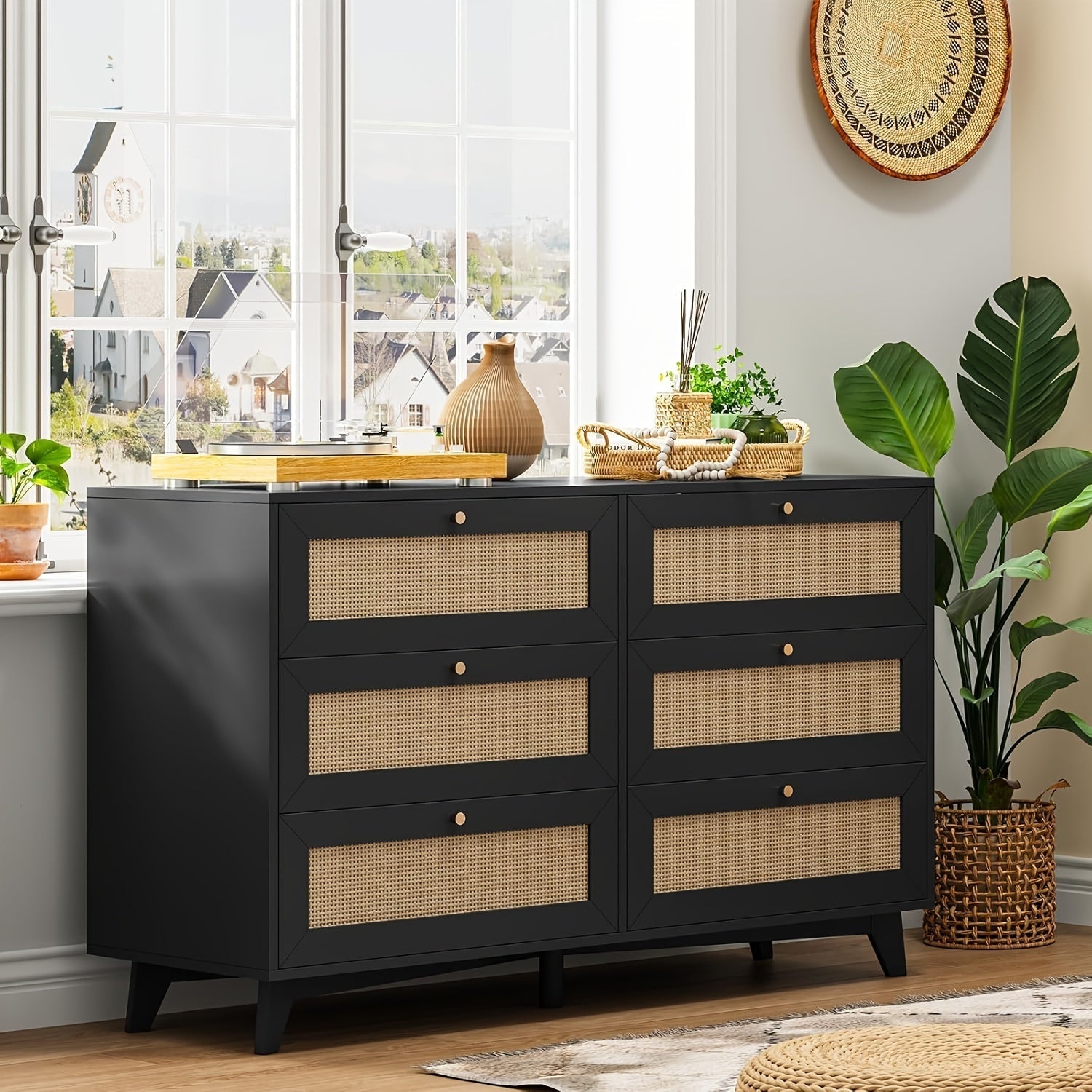 Rattan 6 Drawers Dresser For Bedroom Modern Double Wooden Wide Dresser Chest Of Drawers With Metal Handle For Living Room, Black