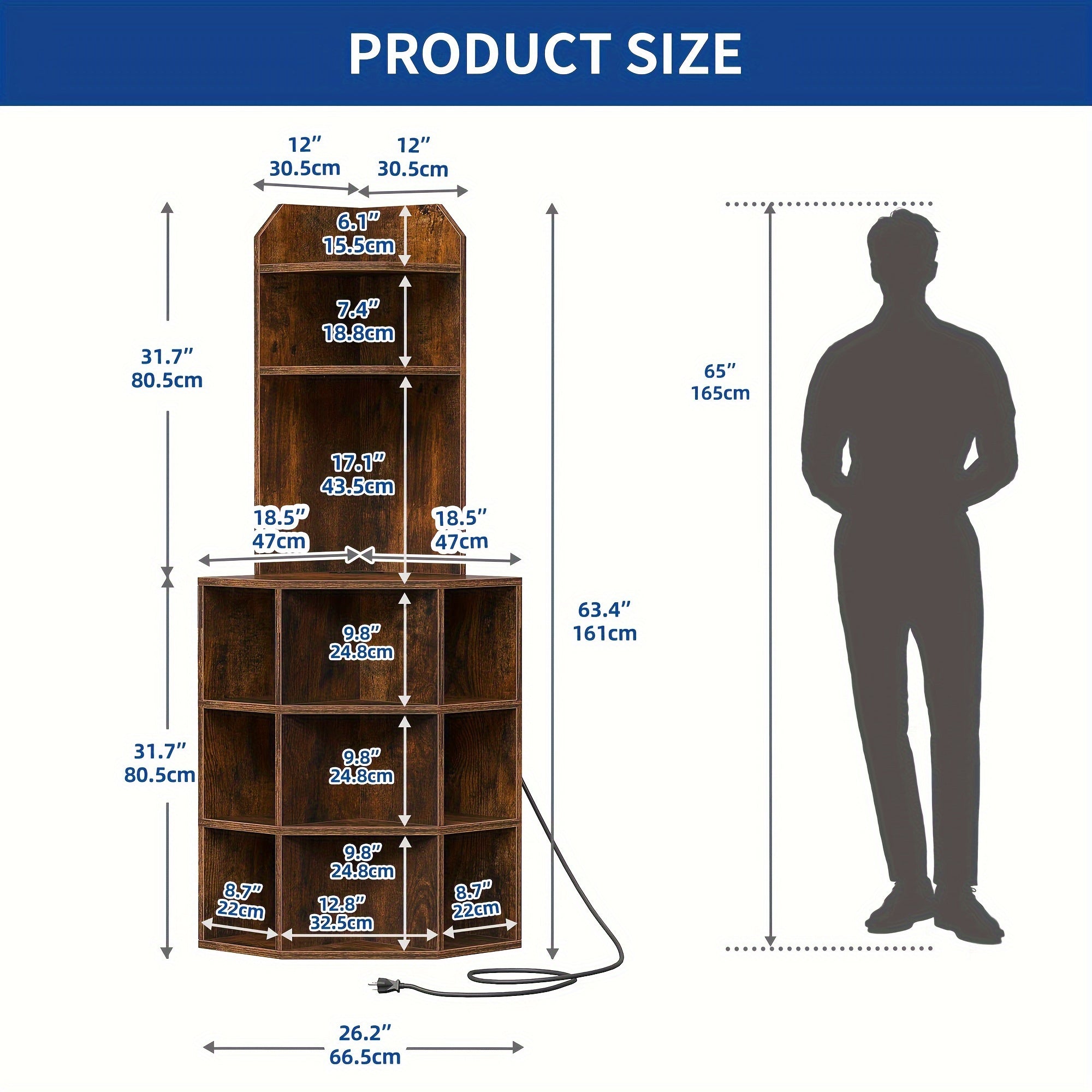 5- Tier Corner Shelf with USB Ports and Outlets, Corner Bookshelf Bookcase Display Shelves Rack Storage Corner Bar Cabinet for Living Room, Home Office, Kitchen, Brown