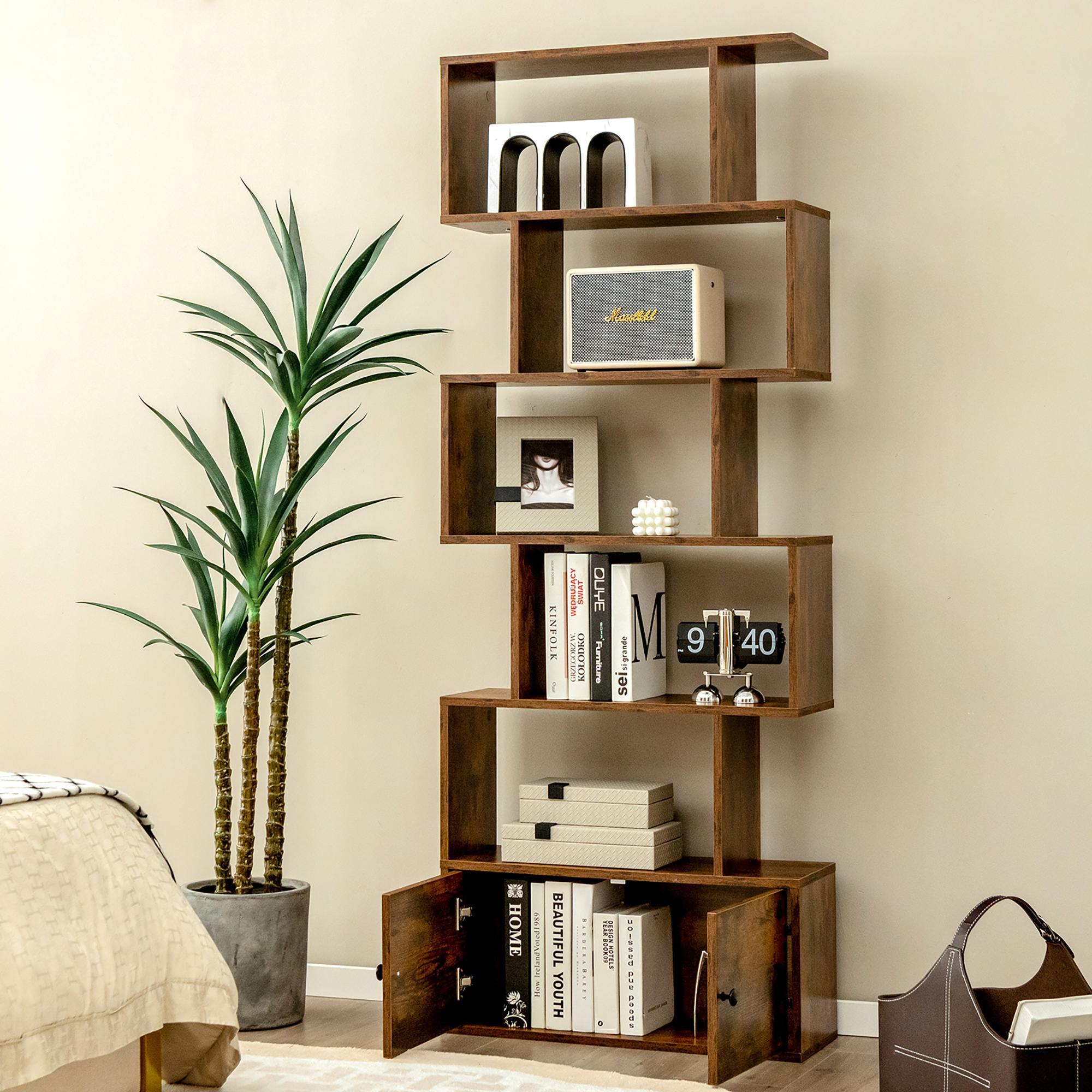 Bookshelf with Cabinet 6-Tier S-Shaped Bookcase Storage Rack Rustic Brown