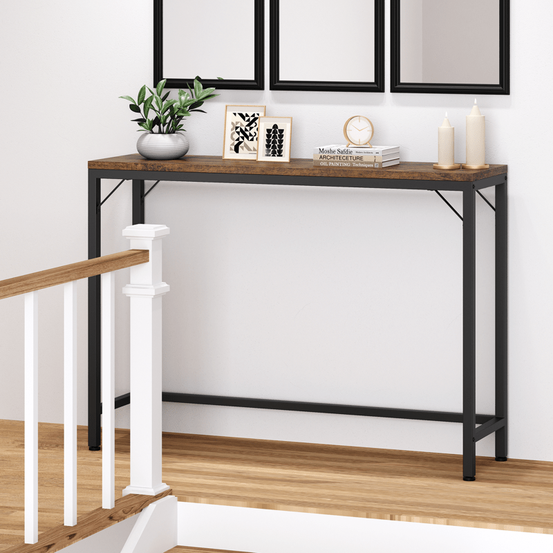 1pc Industrial Narrow Console Table, 100 cm Behind Couch Sofa End Table, Modern Hallway Storage for Entryway, Living Room, Bedroom - Slim Design with Metal Frame and Wooden Top, Console Table for Living Room