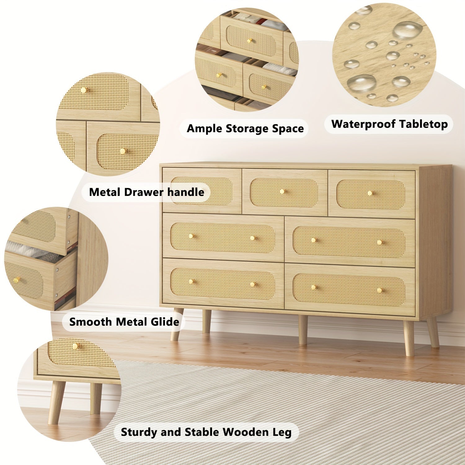 Natural Rattan Dresser For Bedroom, Modern Wood 7 Drawer Dresser With Gold Handles