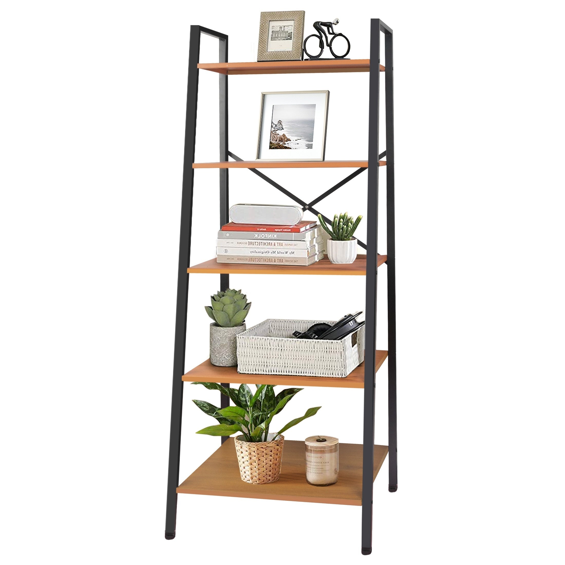 Ladder Shelf 5-Tier, Free Standing Bookshelf With Adjustable Feet, Metal Bookcase For Kitchen, Bathroom, Garage, Small Spaces