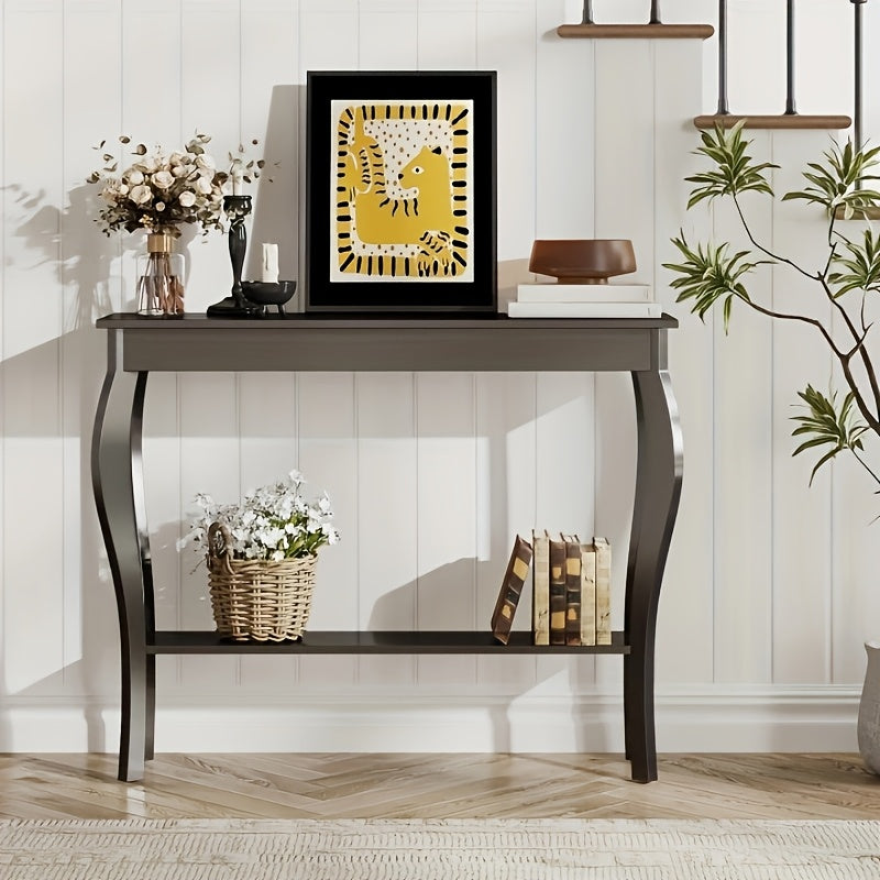 Farmhouse Console Sofa Table with S-Shape Wooden Legs, Chic Accent Narrow Console Table with Sturdy Frame and Open Shelf for Entryway, Living Room, and Hallway, Space-Saving Design, Versatile and Easy to Assemble (Dimensions in cm)