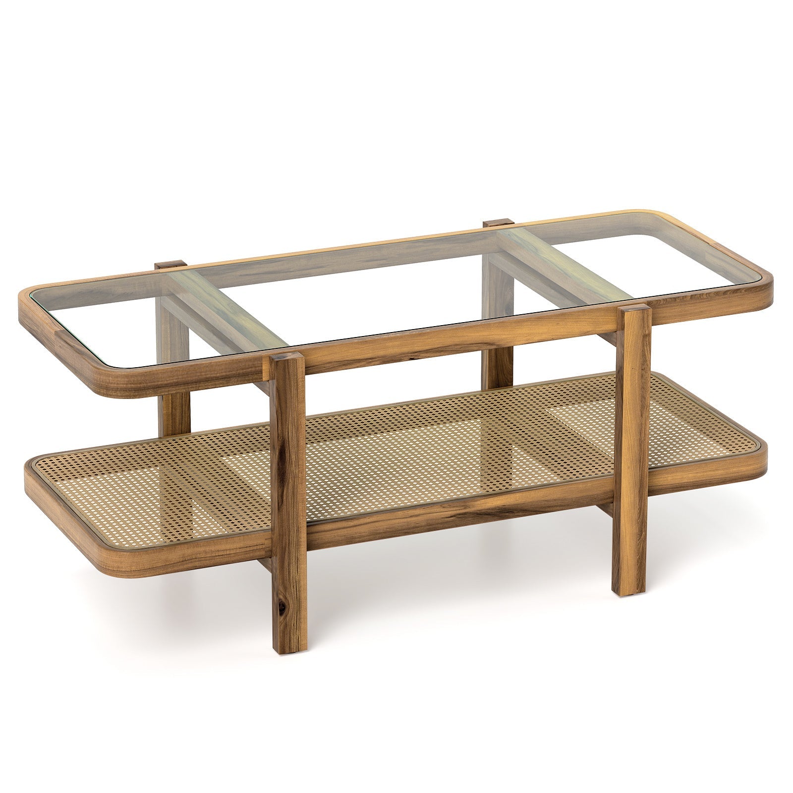 Contemporary 2-Tier Coffee Table, Multifunctional Center Table, Hardwood & Wood-Based Panel Construction, with Tempered Glass Top, PE Rattan Shelf, Acacia Wood Frame for Living Room, Reception & Study