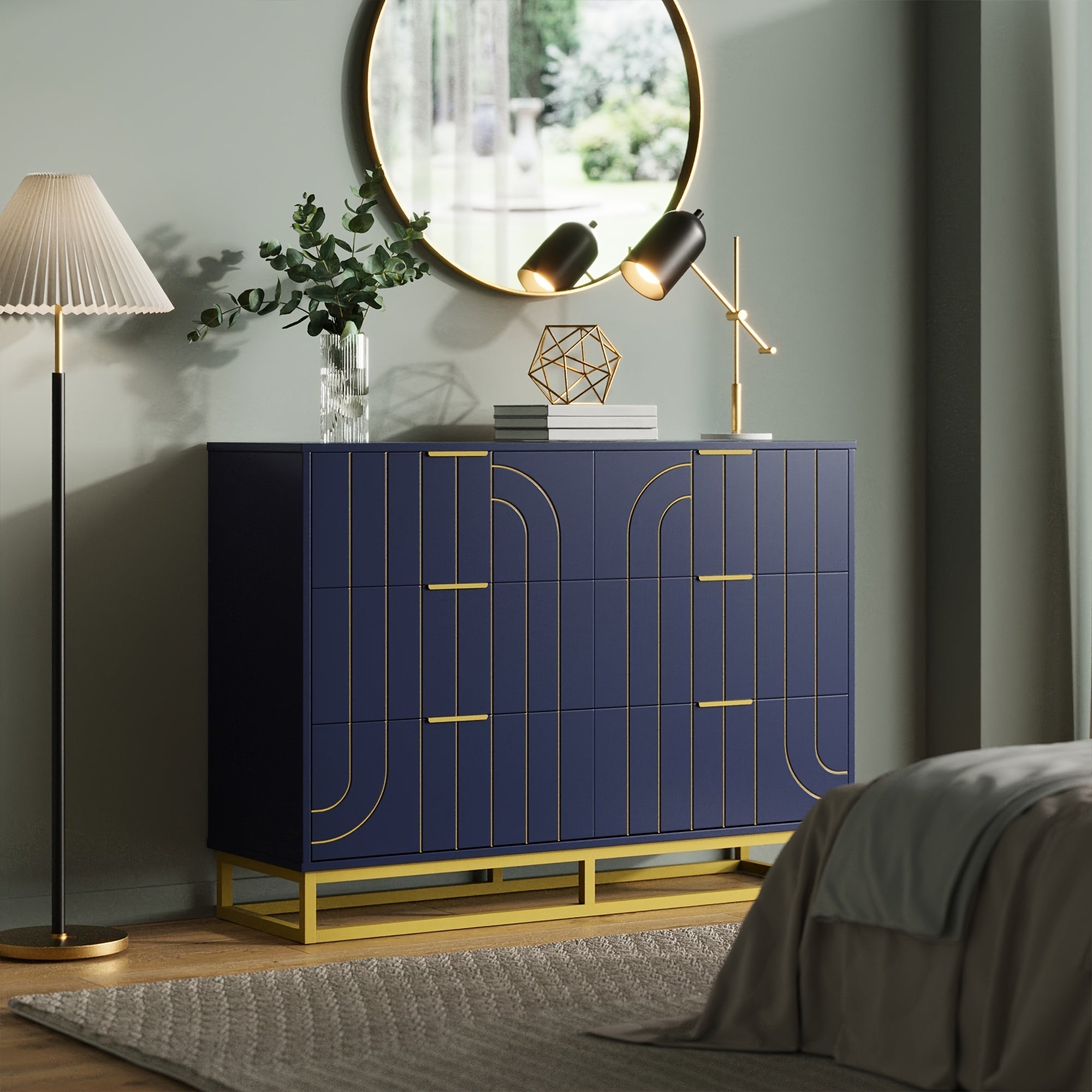 Elegant 122cm Dark Blue & Golden Modern Wooden Dresser - Versatile File Storage Cabinet with 6 Drawers, Easy Assembly, Durable Construction for Bedroom, Living Room & Office - Ideal Housewarming Gift for Home Decor Enthusiasts,