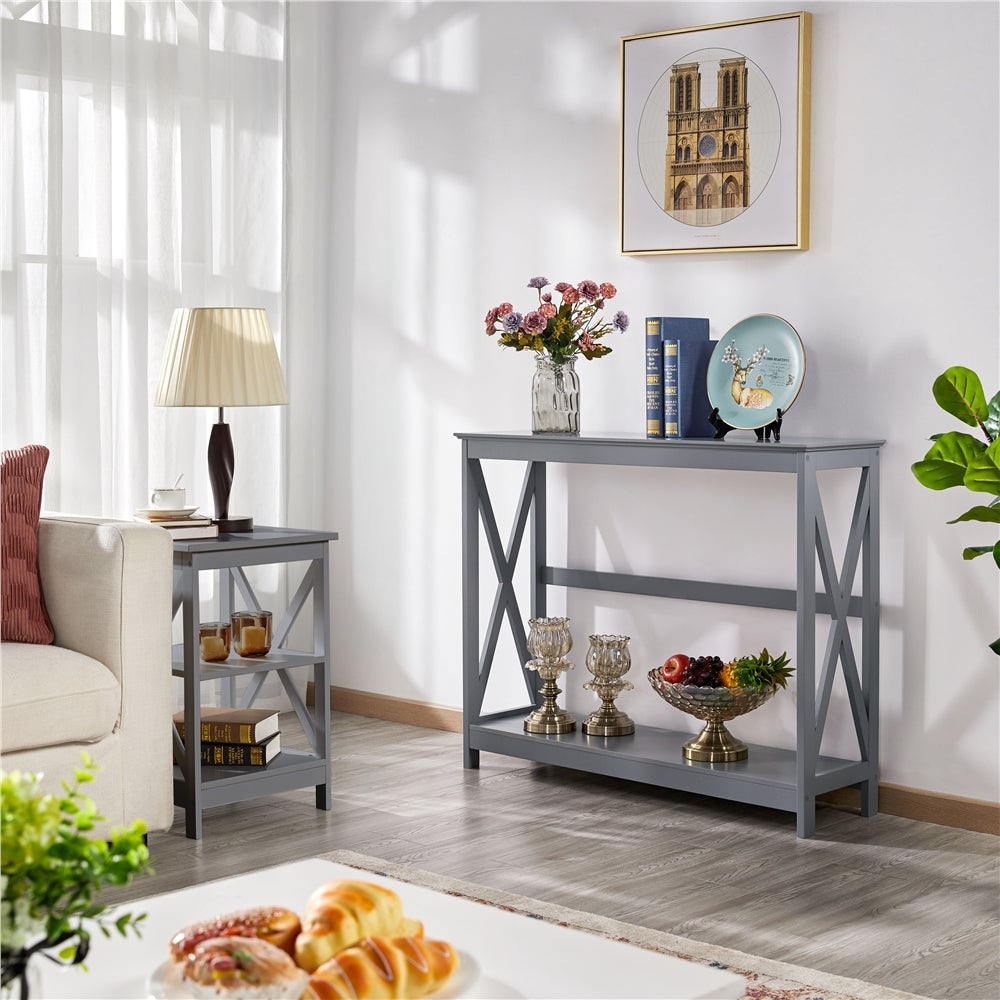 Narrow Wood Entryway Table 2 Tier Console Table for Entryway X-Design Bookshelf Accent Table with Storage Shelf for Living Room Entry Hall Foyer (Dimensions in cm)